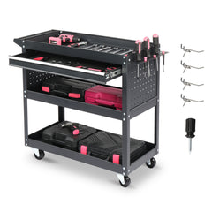 HAOYYE 3-Tier Rolling Tool Cart Heavy Duty Metal Utility Cart with Pegboard Drawer and 4 Hooks Black Large Storage Capacity 330 lb Load Garage Warehouse Repair Shop Organizer