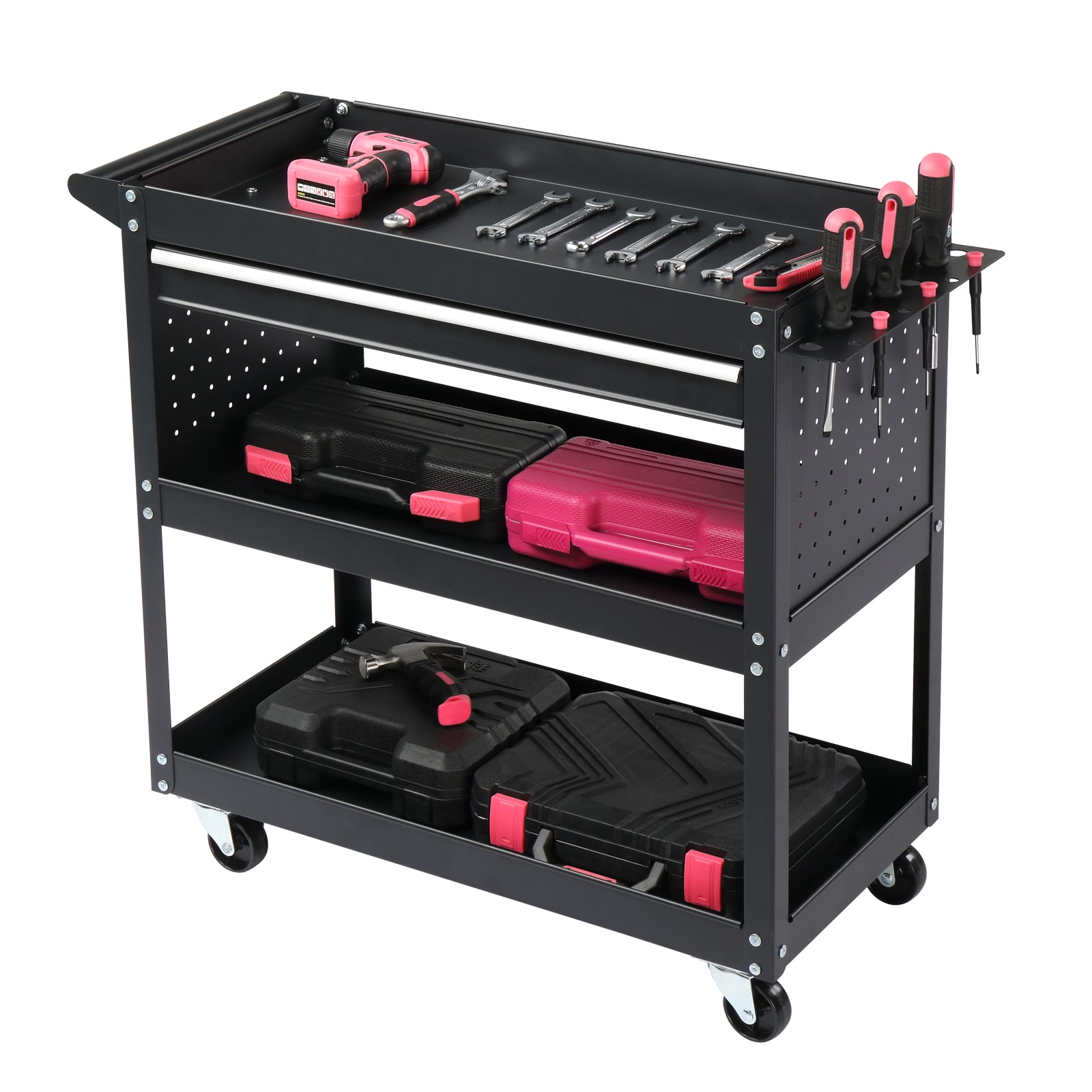 HAOYYE 3-Tier Rolling Tool Cart Heavy Duty Metal Utility Cart with Pegboard Drawer and 4 Hooks Black Large Storage Capacity 330 lb Load Garage Warehouse Repair Shop Organizer