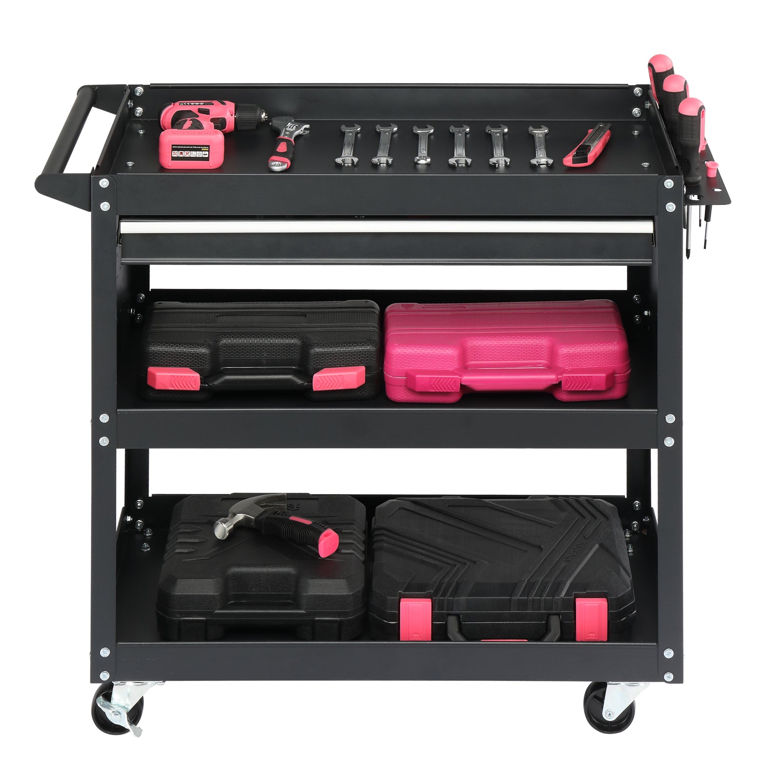 HAOYYE 3-Tier Rolling Tool Cart Heavy Duty Metal Utility Cart with Pegboard Drawer and 4 Hooks Black Large Storage Capacity 330 lb Load Garage Warehouse Repair Shop Organizer