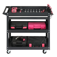 HAOYYE 3-Tier Rolling Tool Cart Heavy Duty Metal Utility Cart with Pegboard Drawer and 4 Hooks Black Large Storage Capacity 330 lb Load Garage Warehouse Repair Shop Organizer