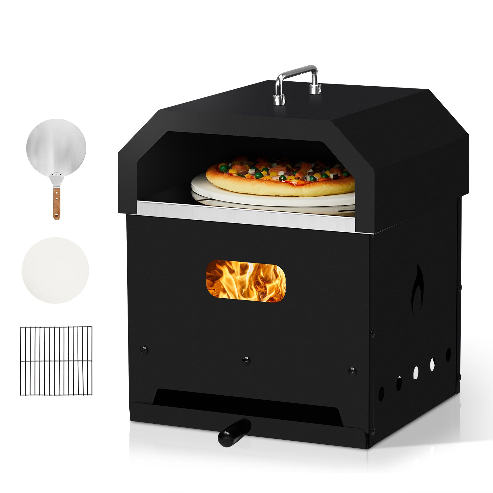 HAOYYE Outdoor Pizza Oven 4 in 1 Wood Fired Dual Layer Detachable BBQ Oven with Pizza Stone Cooking Grill Grate Thermometer and Chimney for Patio Backyard Garden Outdoor Cooking Baking Grilling Roasting Smoker