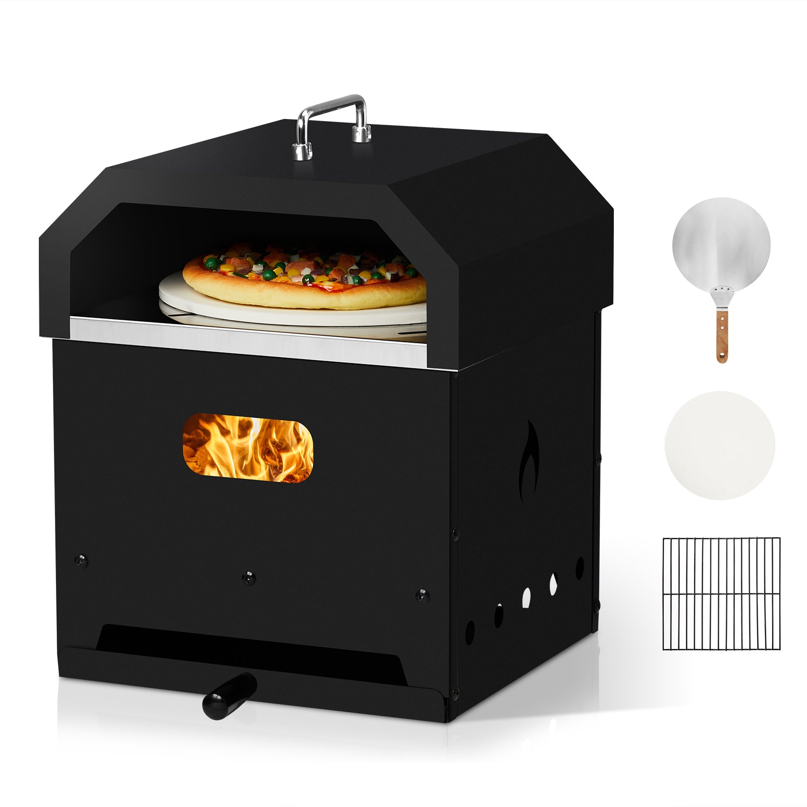 HAOYYE Outdoor Pizza Oven 4 in 1 Wood Fired Dual Layer Detachable BBQ Oven with Pizza Stone Cooking Grill Grate Thermometer and Chimney for Patio Backyard Garden Outdoor Cooking Baking Grilling Roasting Smoker