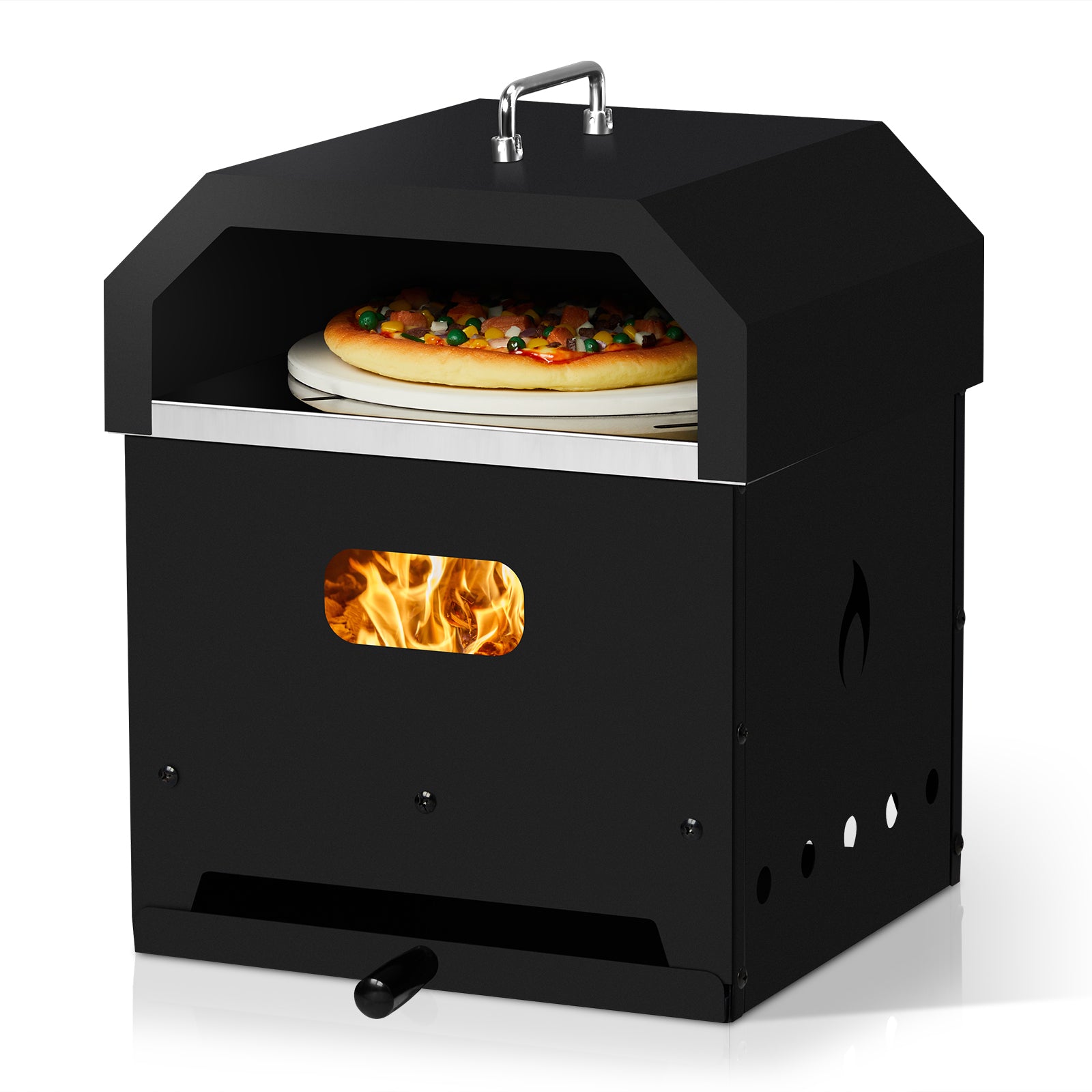 HAOYYE Outdoor Pizza Oven 4 in 1 Wood Fired Dual Layer Detachable BBQ Oven with Pizza Stone Cooking Grill Grate Thermometer and Chimney for Patio Backyard Garden Outdoor Cooking Baking Grilling Roasting Smoker