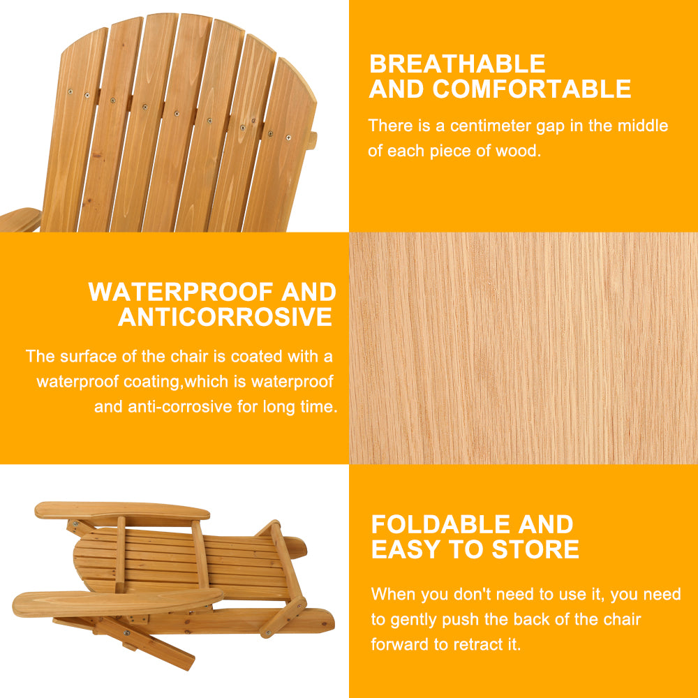 HAOYYE Folding Wooden Adirondack Lounger Chair With Natural Finish, Sturdy and Space-Saving Design, Comfortable Outdoor Patio Seating