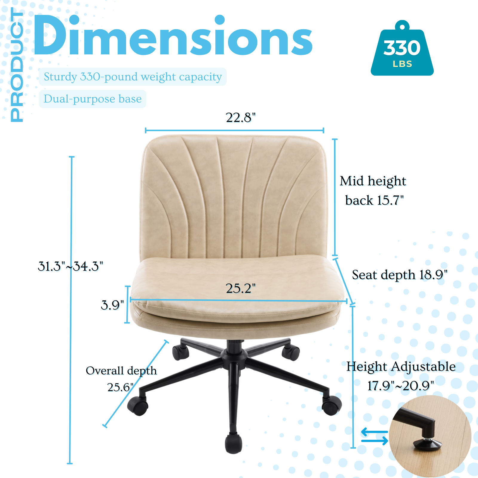 HAOYYE Criss Cross Chair with Wheels & pegs,Dual-Base Wide Armless Comfy Desk Chair Cross Legged,Adjustable Swivel Modern Vanity Chair,Computer Rolling Chair for Home Office,Makeup,Waxed PU,Lvory