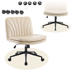HAOYYE Criss Cross Chair with Wheels & pegs,Dual-Base Wide Armless Comfy Desk Chair Cross Legged,Adjustable Swivel Modern Vanity Chair,Computer Rolling Chair for Home Office,Makeup,Waxed PU,Lvory