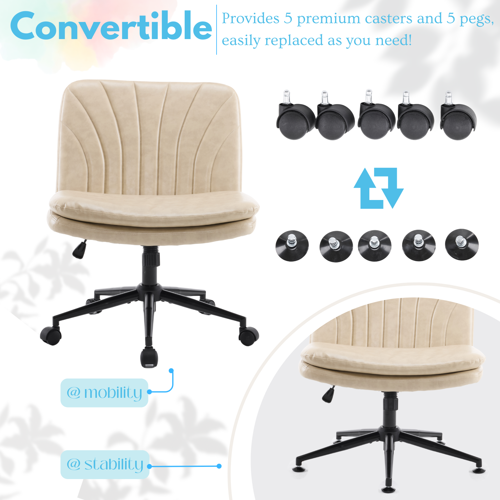 HAOYYE Criss Cross Chair with Wheels & pegs,Dual-Base Wide Armless Comfy Desk Chair Cross Legged,Adjustable Swivel Modern Vanity Chair,Computer Rolling Chair for Home Office,Makeup,Waxed PU,Lvory