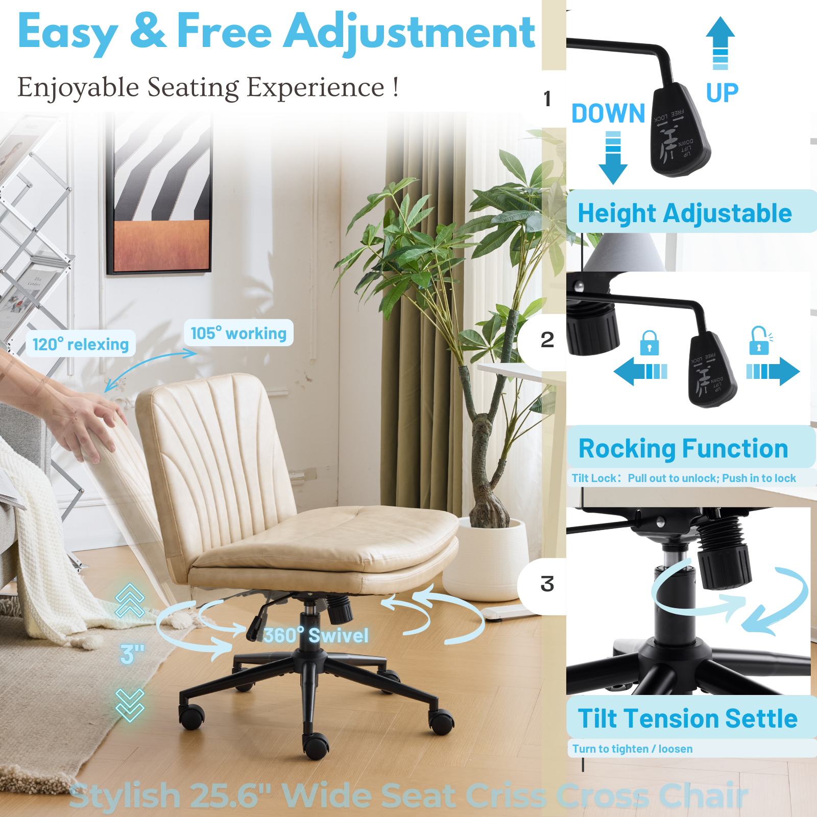HAOYYE Criss Cross Chair with Wheels & pegs,Dual-Base Wide Armless Comfy Desk Chair Cross Legged,Adjustable Swivel Modern Vanity Chair,Computer Rolling Chair for Home Office,Makeup,Waxed PU,Lvory