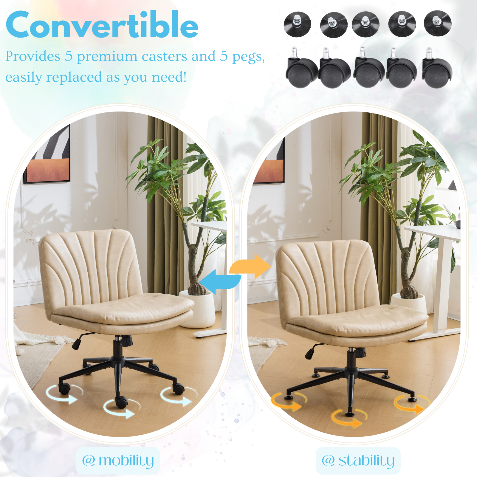 HAOYYE Criss Cross Chair with Wheels & pegs,Dual-Base Wide Armless Comfy Desk Chair Cross Legged,Adjustable Swivel Modern Vanity Chair,Computer Rolling Chair for Home Office,Makeup,Waxed PU,Lvory