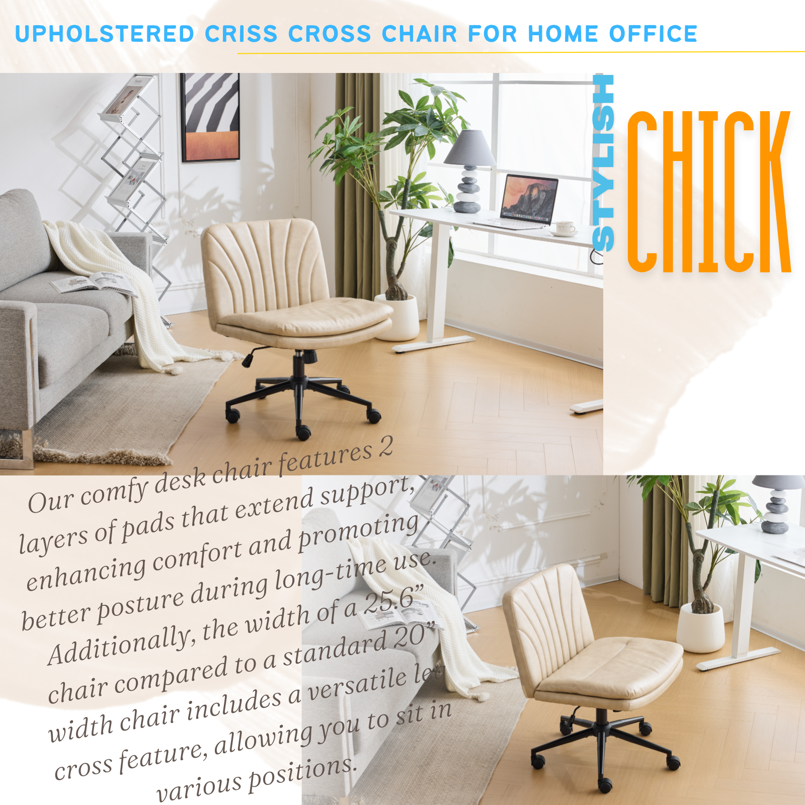 HAOYYE Criss Cross Chair with Wheels & pegs,Dual-Base Wide Armless Comfy Desk Chair Cross Legged,Adjustable Swivel Modern Vanity Chair,Computer Rolling Chair for Home Office,Makeup,Waxed PU,Lvory