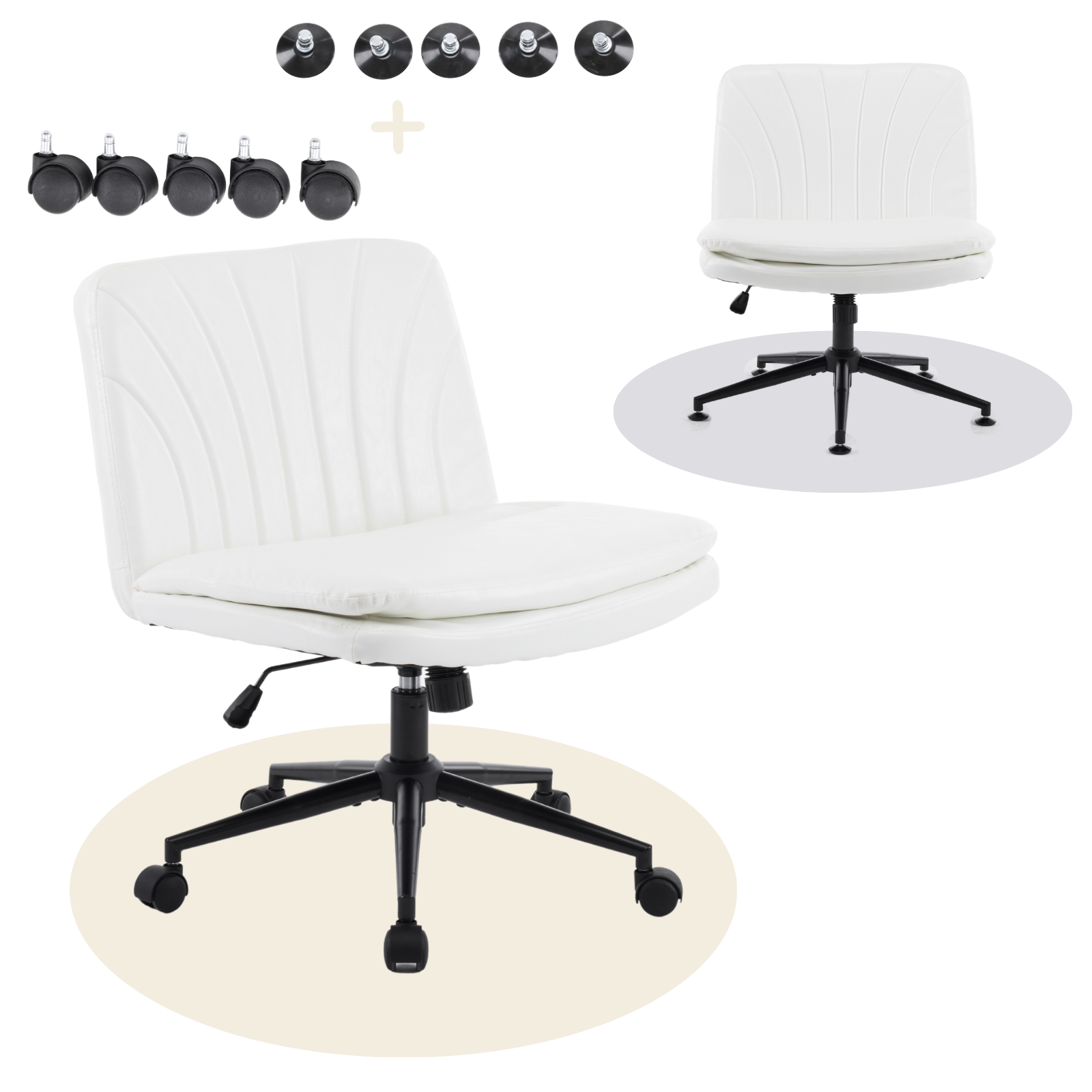 HAOYYE Criss Cross Chair with Wheels & pegs,Dual-Base Wide Armless Comfy Desk Chair Cross Legged,Adjustable Swivel Modern Vanity Chair,Computer Rolling Chair for Home Office,Makeup,Waxed PU,White