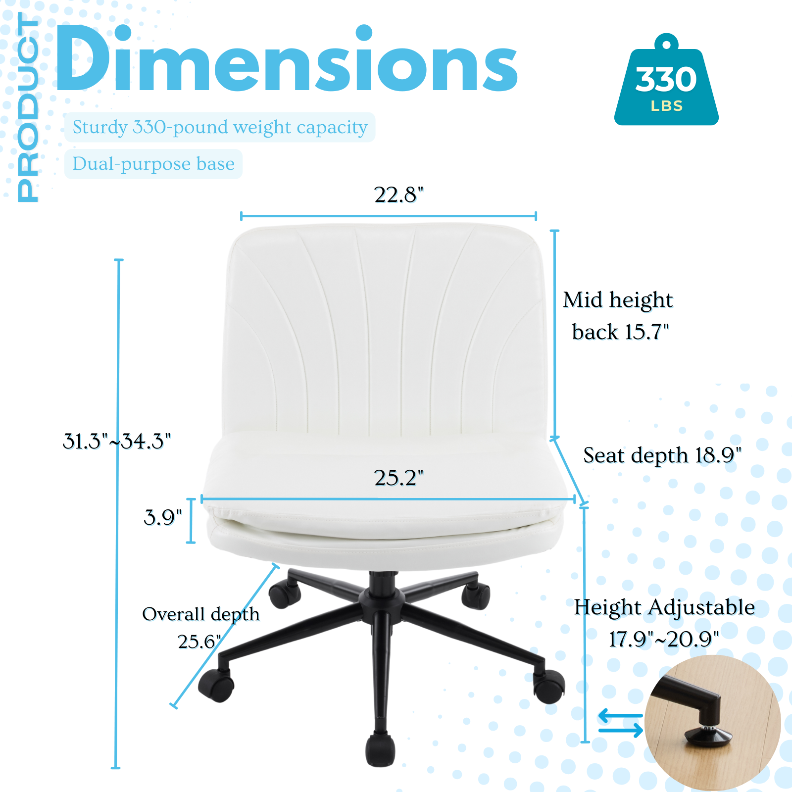 HAOYYE Criss Cross Chair with Wheels & pegs,Dual-Base Wide Armless Comfy Desk Chair Cross Legged,Adjustable Swivel Modern Vanity Chair,Computer Rolling Chair for Home Office,Makeup,Waxed PU,White
