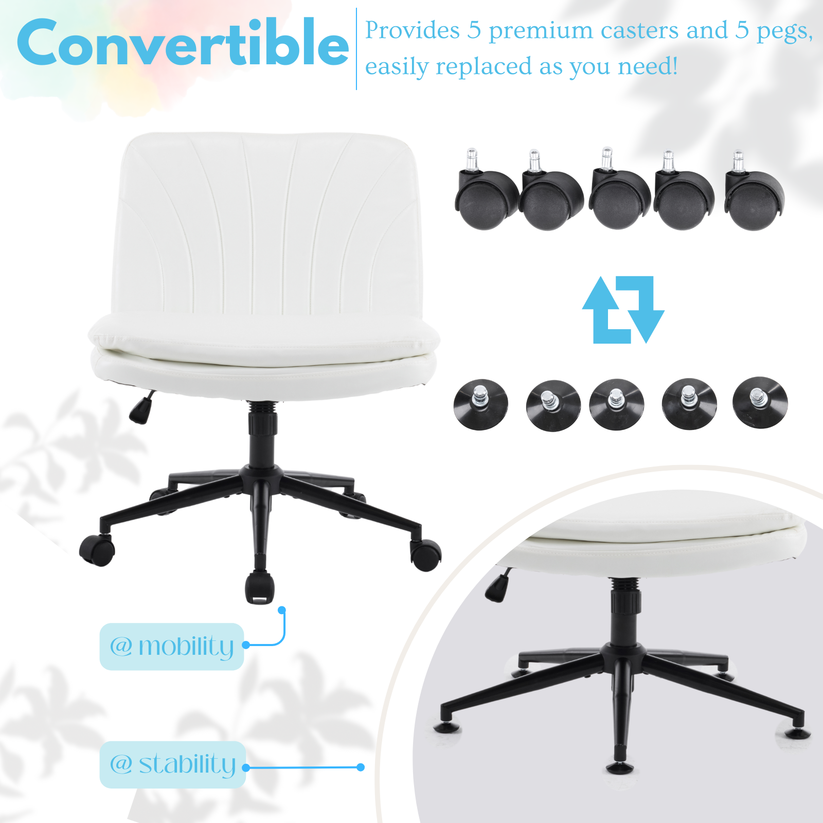 HAOYYE Criss Cross Chair with Wheels & pegs,Dual-Base Wide Armless Comfy Desk Chair Cross Legged,Adjustable Swivel Modern Vanity Chair,Computer Rolling Chair for Home Office,Makeup,Waxed PU,White