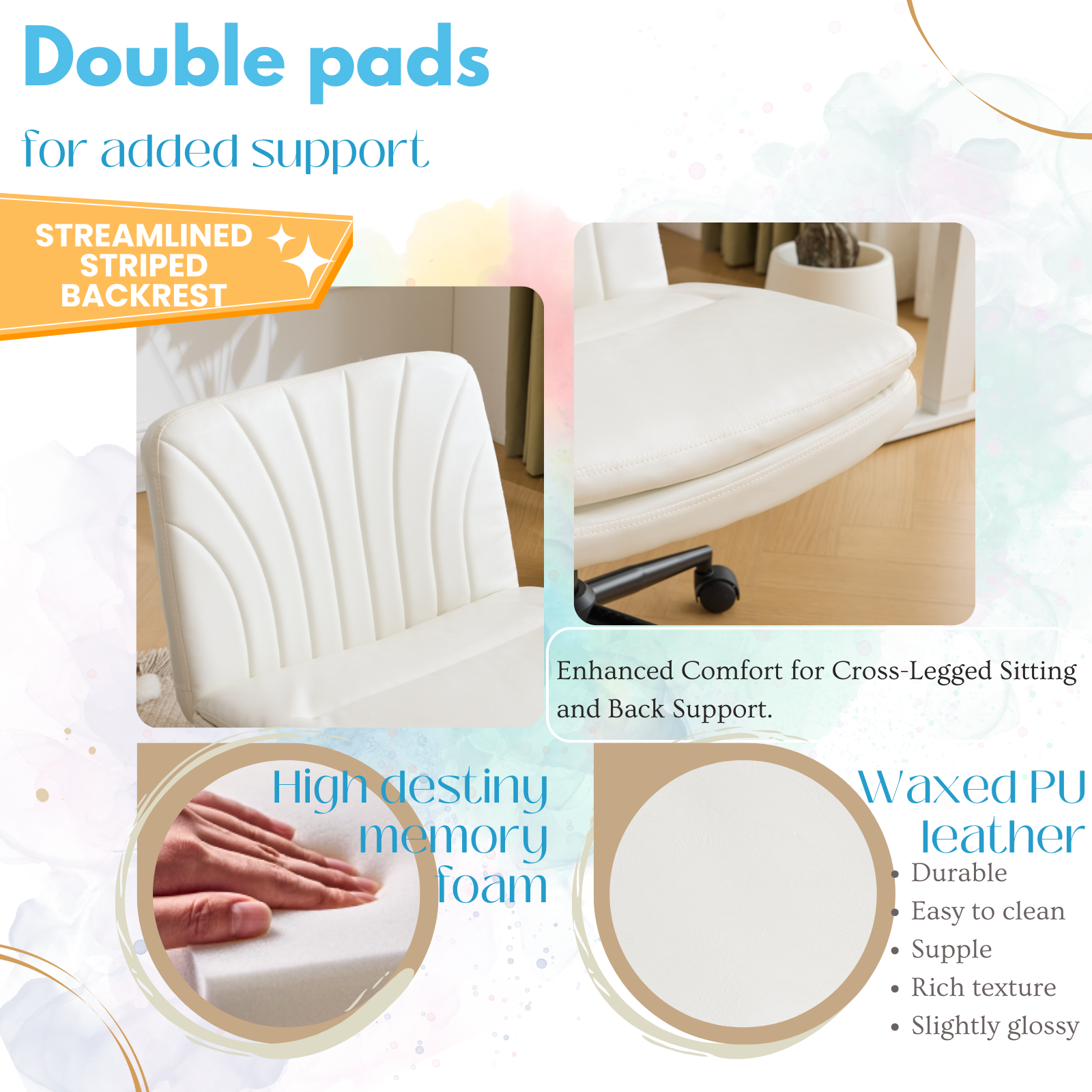 HAOYYE Criss Cross Chair with Wheels & pegs,Dual-Base Wide Armless Comfy Desk Chair Cross Legged,Adjustable Swivel Modern Vanity Chair,Computer Rolling Chair for Home Office,Makeup,Waxed PU,White