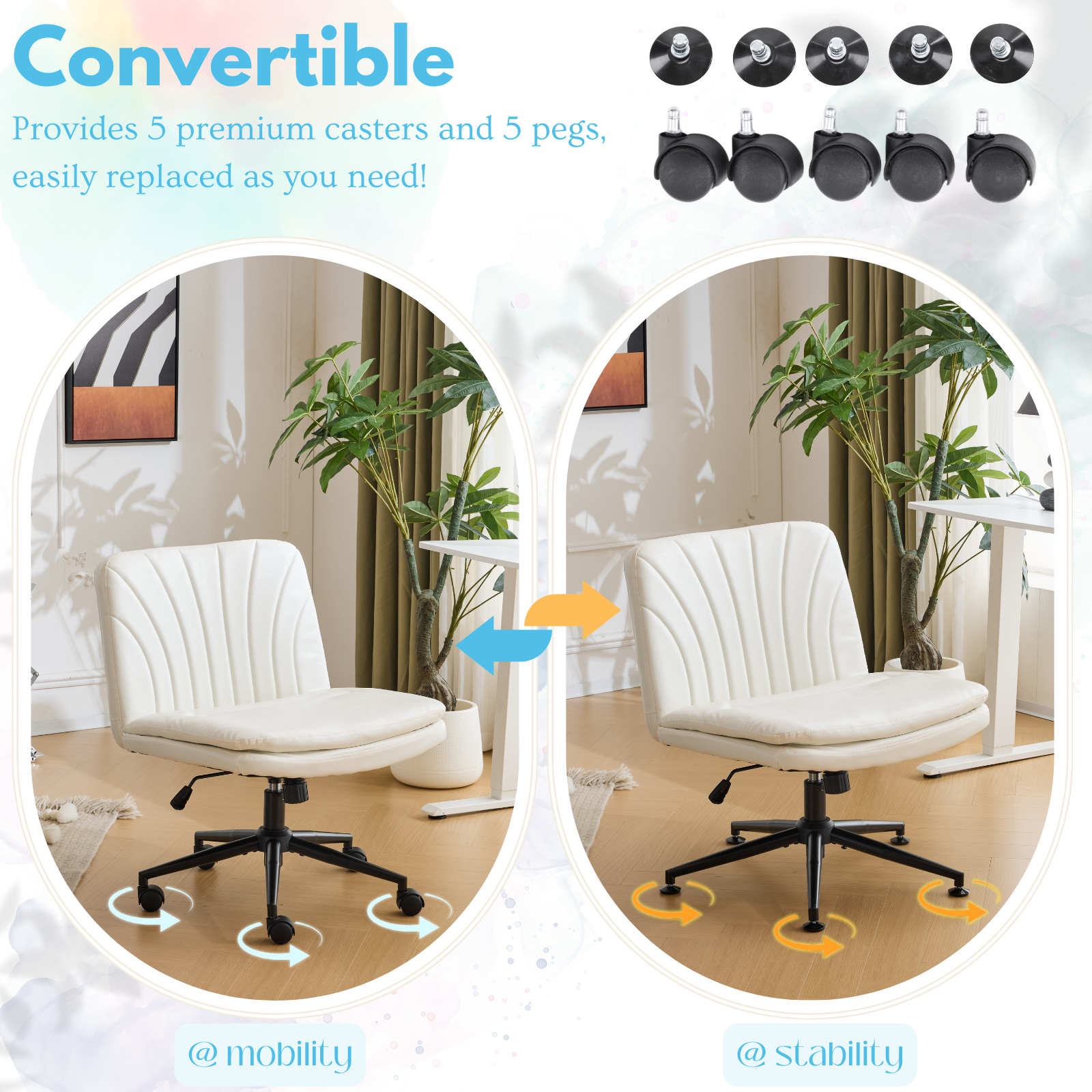 HAOYYE Criss Cross Chair with Wheels & pegs,Dual-Base Wide Armless Comfy Desk Chair Cross Legged,Adjustable Swivel Modern Vanity Chair,Computer Rolling Chair for Home Office,Makeup,Waxed PU,White