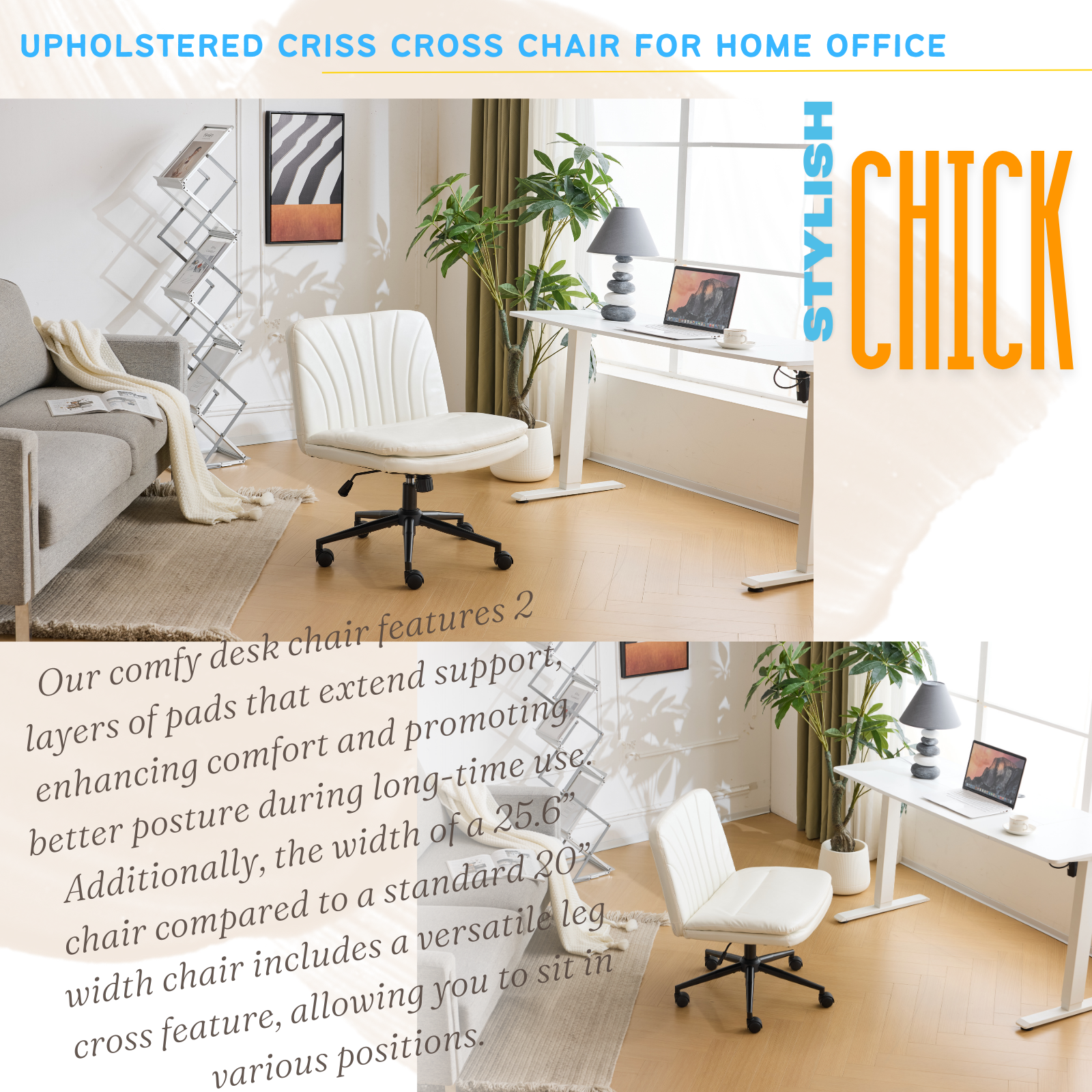 HAOYYE Criss Cross Chair with Wheels & pegs,Dual-Base Wide Armless Comfy Desk Chair Cross Legged,Adjustable Swivel Modern Vanity Chair,Computer Rolling Chair for Home Office,Makeup,Waxed PU,White