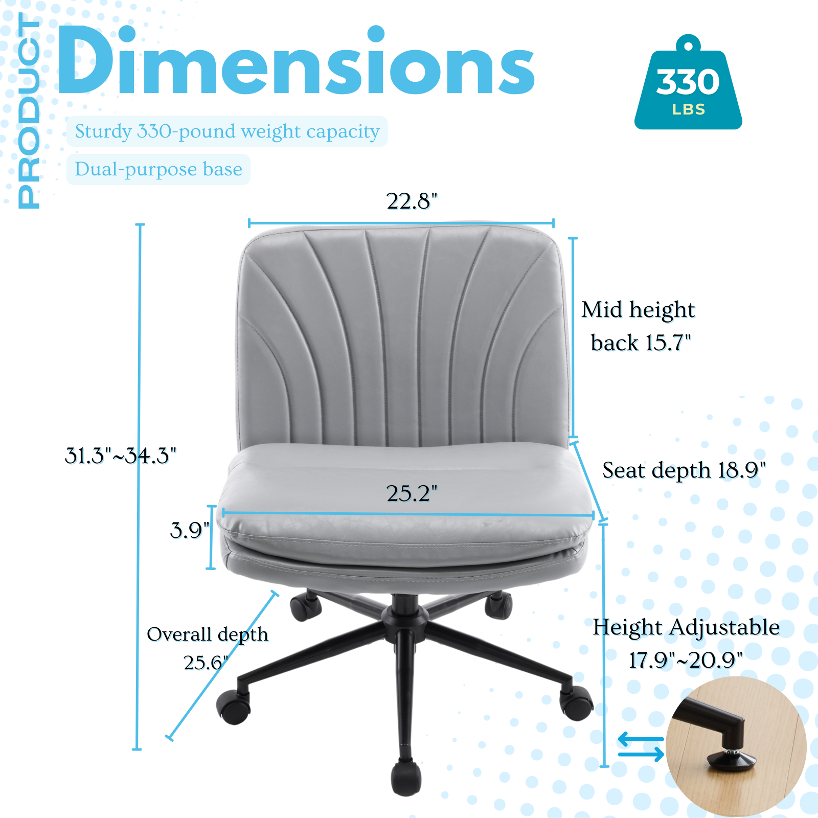 HAOYYE Criss Cross Chair with Wheels & pegs,Dual-Base Wide Armless Comfy Desk Chair Cross Legged,Adjustable Swivel Modern Vanity Chair,Computer Rolling Chair for Home Office,Makeup,Waxed PU,Grey soft
