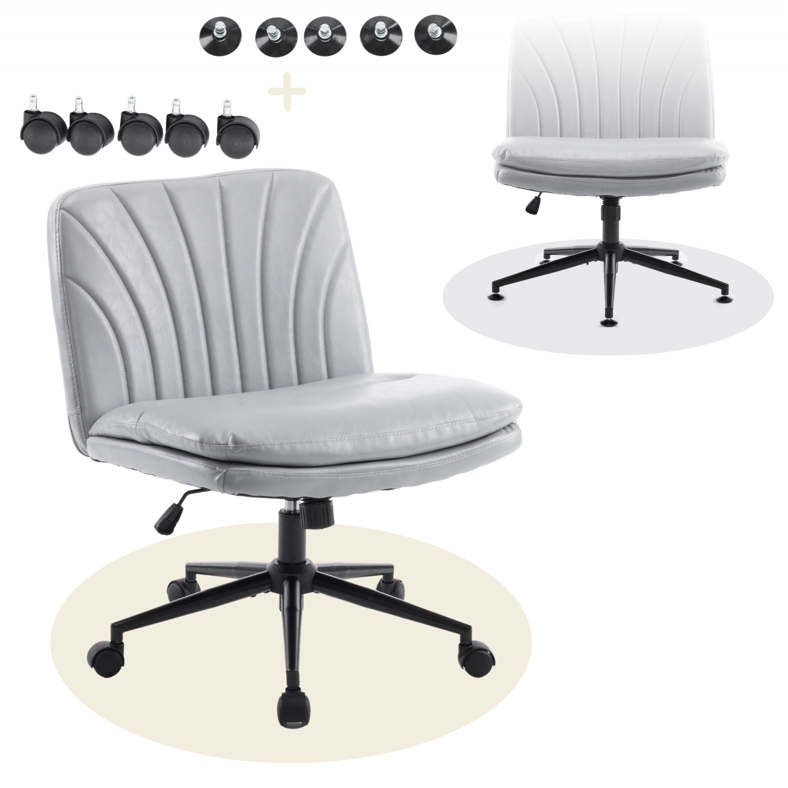 HAOYYE Criss Cross Chair with Wheels & pegs,Dual-Base Wide Armless Comfy Desk Chair Cross Legged,Adjustable Swivel Modern Vanity Chair,Computer Rolling Chair for Home Office,Makeup,Waxed PU,Grey soft