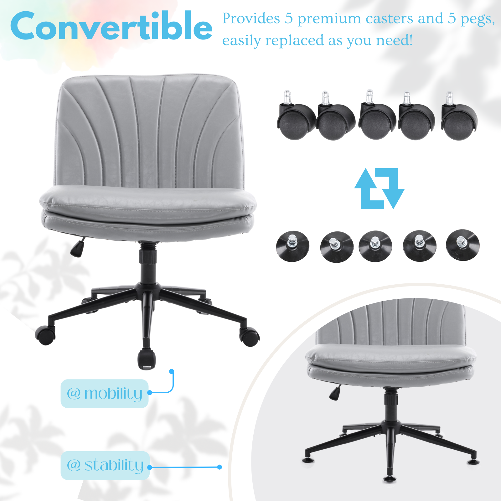 HAOYYE Criss Cross Chair with Wheels & pegs,Dual-Base Wide Armless Comfy Desk Chair Cross Legged,Adjustable Swivel Modern Vanity Chair,Computer Rolling Chair for Home Office,Makeup,Waxed PU,Grey soft