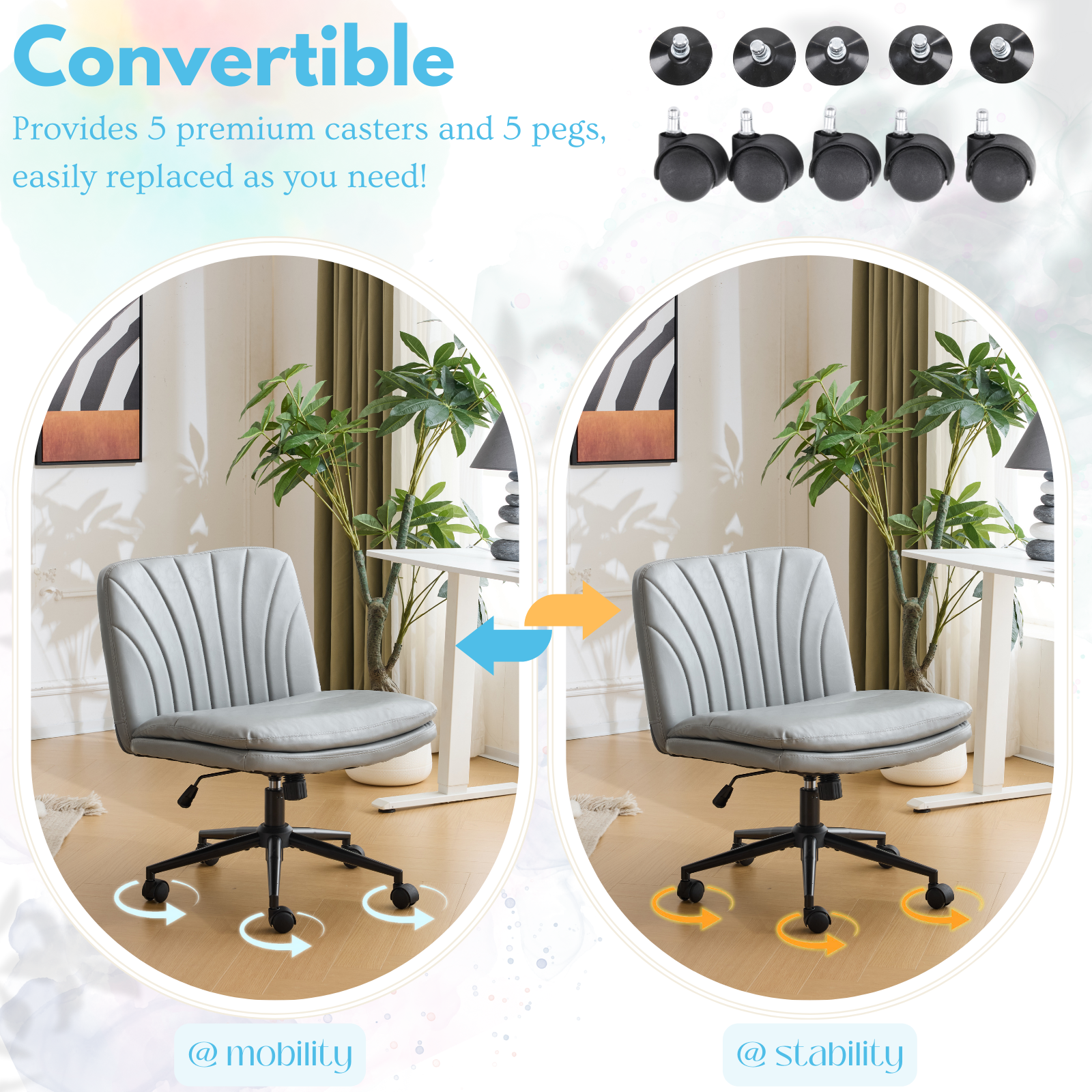 HAOYYE Criss Cross Chair with Wheels & pegs,Dual-Base Wide Armless Comfy Desk Chair Cross Legged,Adjustable Swivel Modern Vanity Chair,Computer Rolling Chair for Home Office,Makeup,Waxed PU,Grey soft
