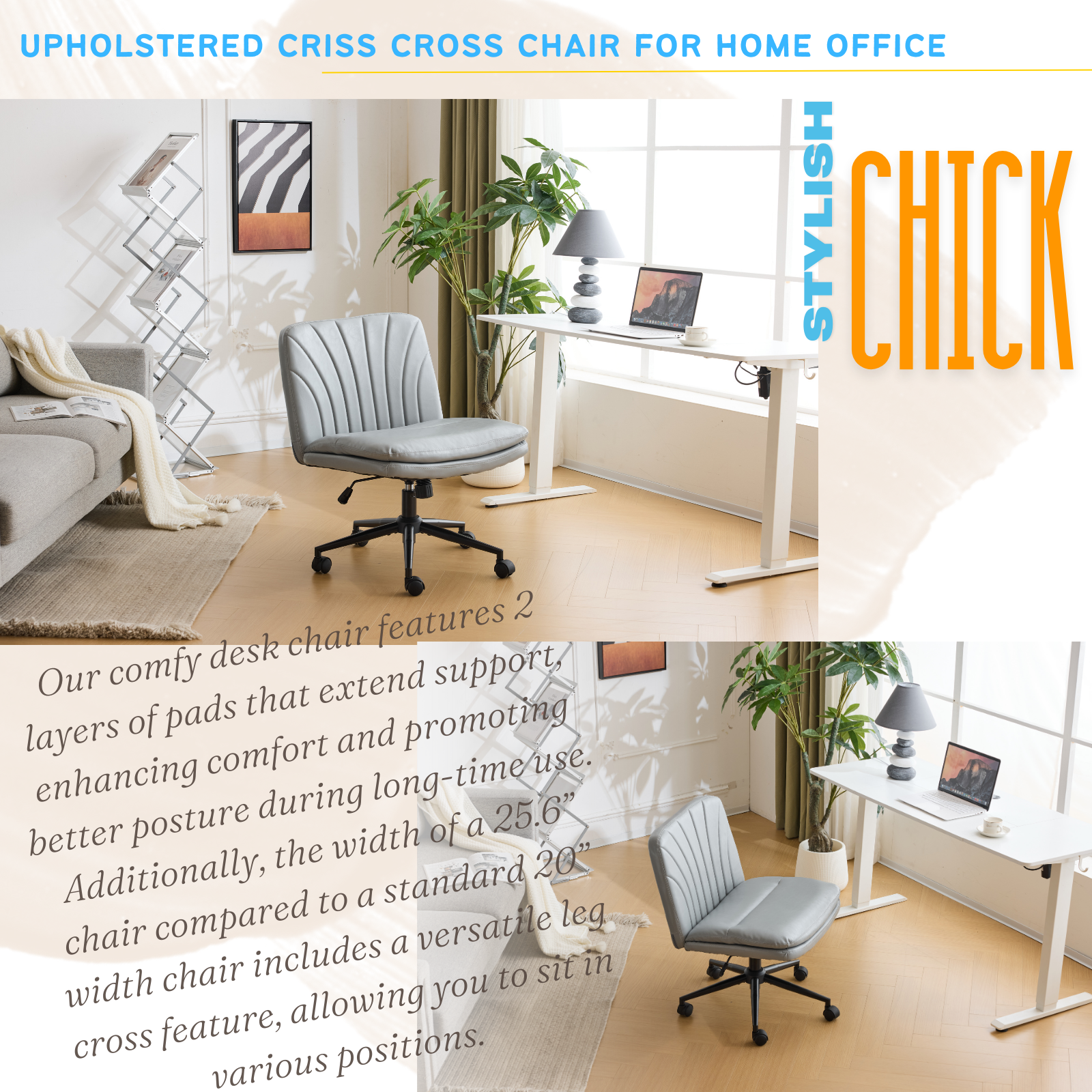 HAOYYE Criss Cross Chair with Wheels & pegs,Dual-Base Wide Armless Comfy Desk Chair Cross Legged,Adjustable Swivel Modern Vanity Chair,Computer Rolling Chair for Home Office,Makeup,Waxed PU,Grey soft