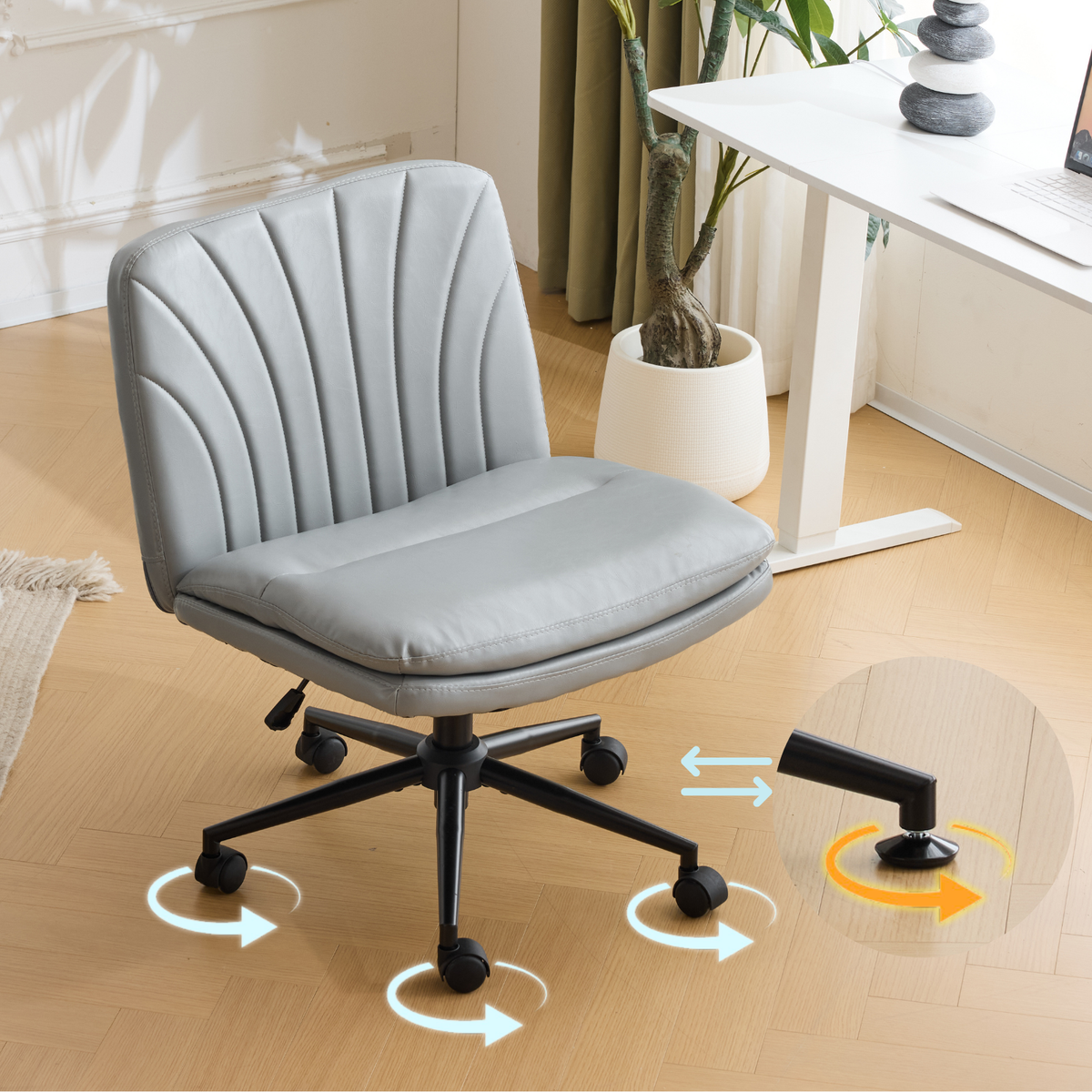 HAOYYE Criss Cross Chair with Wheels & pegs,Dual-Base Wide Armless Comfy Desk Chair Cross Legged,Adjustable Swivel Modern Vanity Chair,Computer Rolling Chair for Home Office,Makeup,Waxed PU,Grey soft
