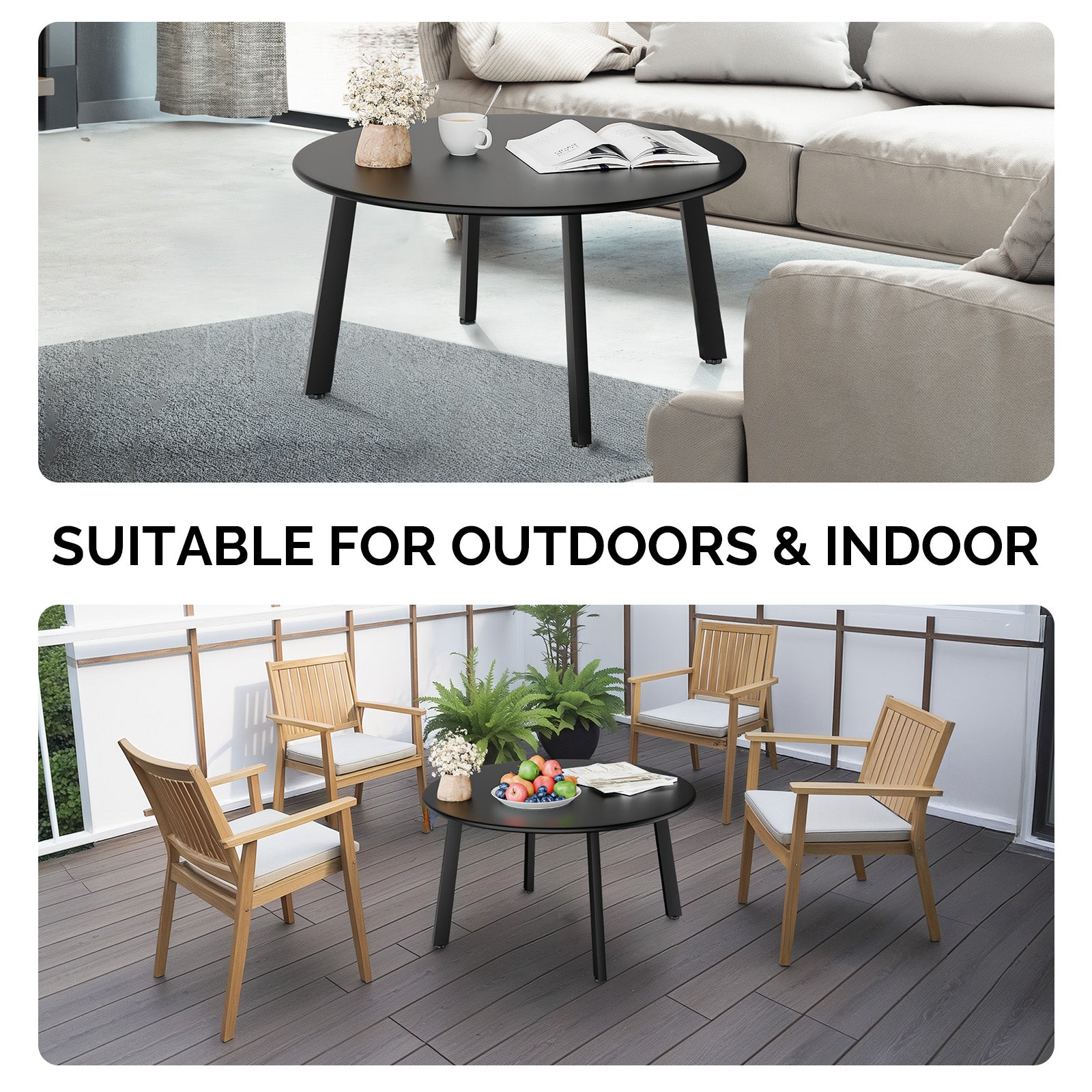 HAOYYE Patio Coffee Table Metal Round Outdoor Side Table Weather-Resistant Steel End Table with Adjustable Feet for Balcony Garden Yard Black Easy Assembly