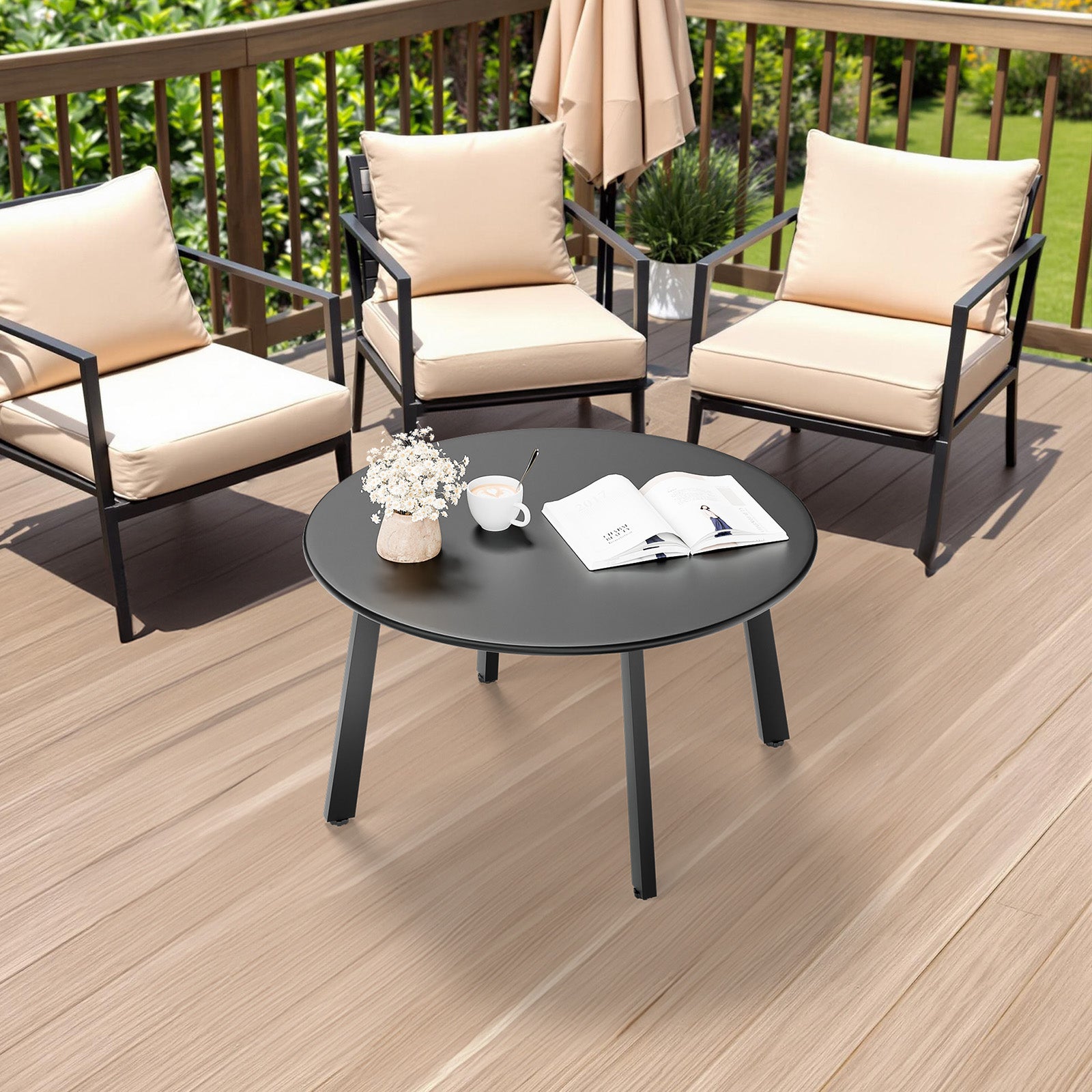 HAOYYE Patio Coffee Table Metal Round Outdoor Side Table Weather-Resistant Steel End Table with Adjustable Feet for Balcony Garden Yard Black Easy Assembly