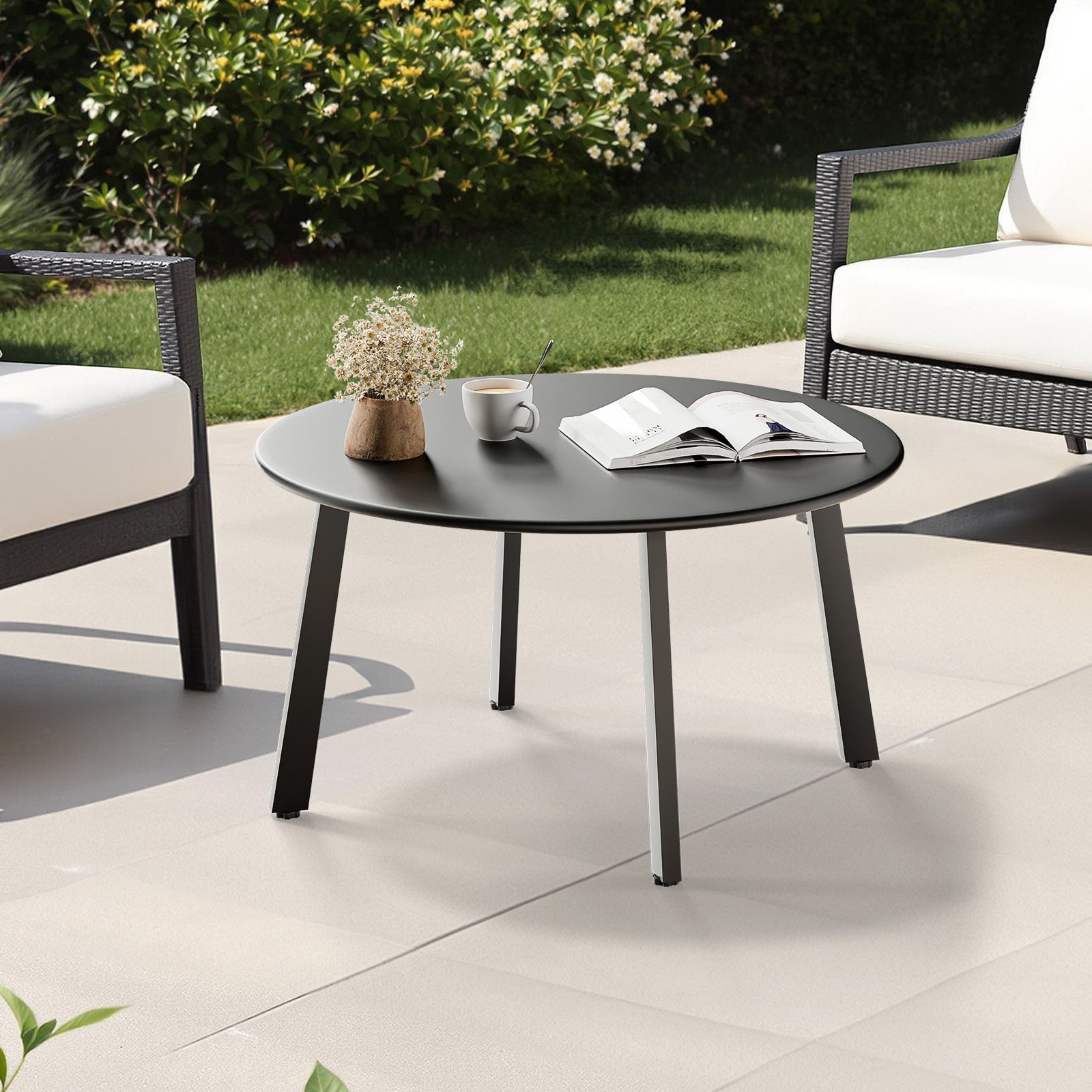 HAOYYE Patio Coffee Table Metal Round Outdoor Side Table Weather-Resistant Steel End Table with Adjustable Feet for Balcony Garden Yard Black Easy Assembly