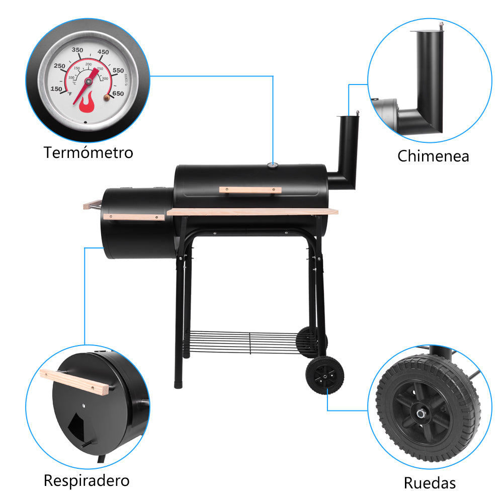 HAOYYE Barrel Charcoal Grill with Side Smoker, Thermometer, Front Shelf, and Wheels, Heavy Duty Outdoor BBQ Grill with High-Temp Coating for Patio Backyard Cooking