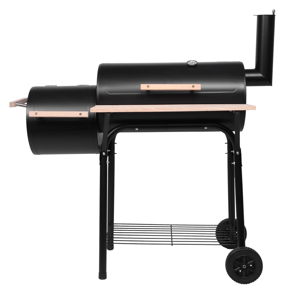 HAOYYE Barrel Charcoal Grill with Side Smoker, Thermometer, Front Shelf, and Wheels, Heavy Duty Outdoor BBQ Grill with High-Temp Coating for Patio Backyard Cooking