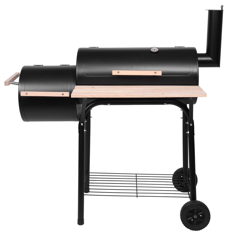 HAOYYE Barrel Charcoal Grill with Side Smoker, Thermometer, Front Shelf, and Wheels, Heavy Duty Outdoor BBQ Grill with High-Temp Coating for Patio Backyard Cooking