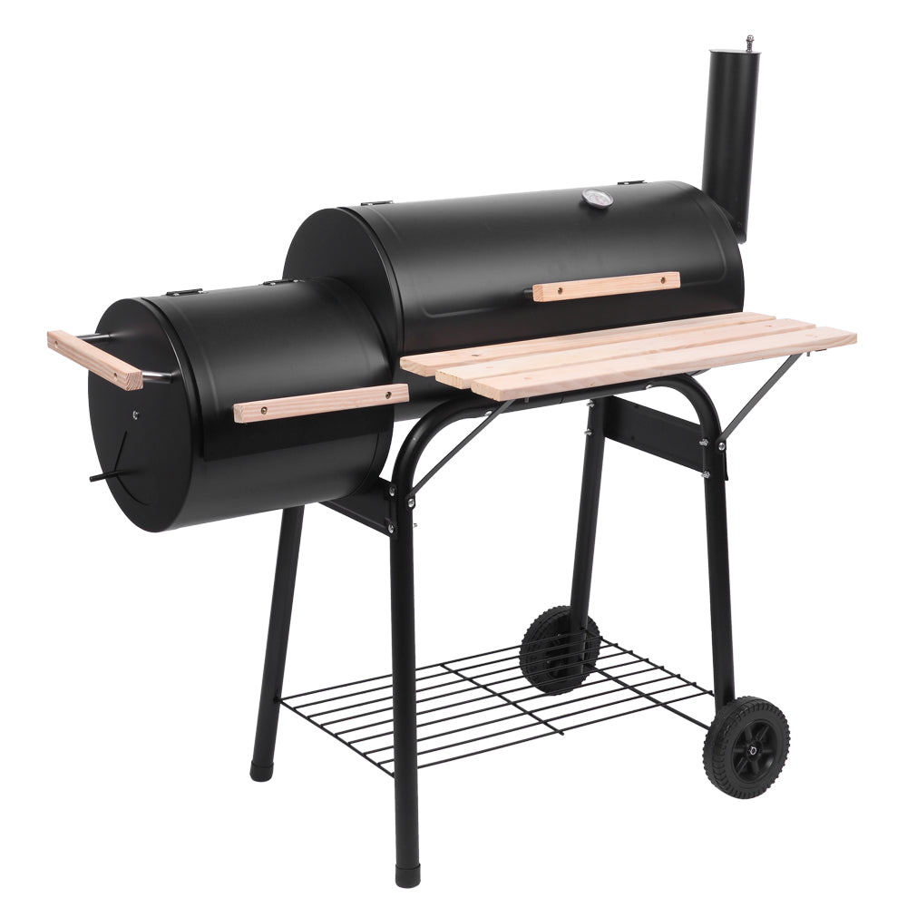 HAOYYE Barrel Charcoal Grill with Side Smoker, Thermometer, Front Shelf, and Wheels, Heavy Duty Outdoor BBQ Grill with High-Temp Coating for Patio Backyard Cooking