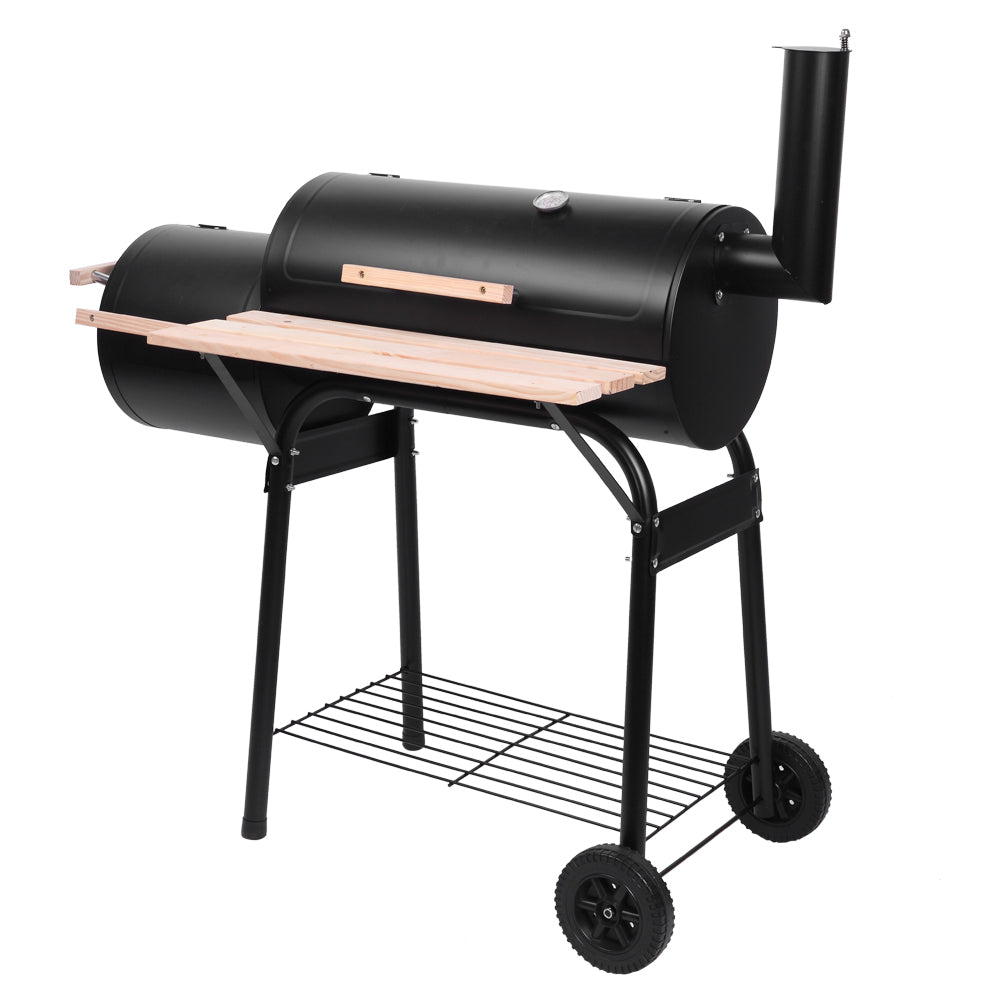 HAOYYE Barrel Charcoal Grill with Side Smoker, Thermometer, Front Shelf, and Wheels, Heavy Duty Outdoor BBQ Grill with High-Temp Coating for Patio Backyard Cooking