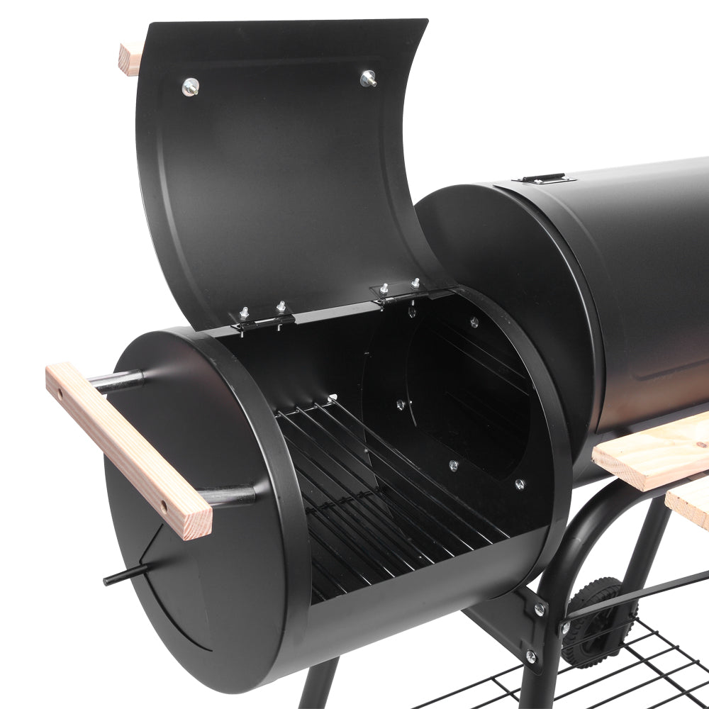 HAOYYE Barrel Charcoal Grill with Side Smoker, Thermometer, Front Shelf, and Wheels, Heavy Duty Outdoor BBQ Grill with High-Temp Coating for Patio Backyard Cooking