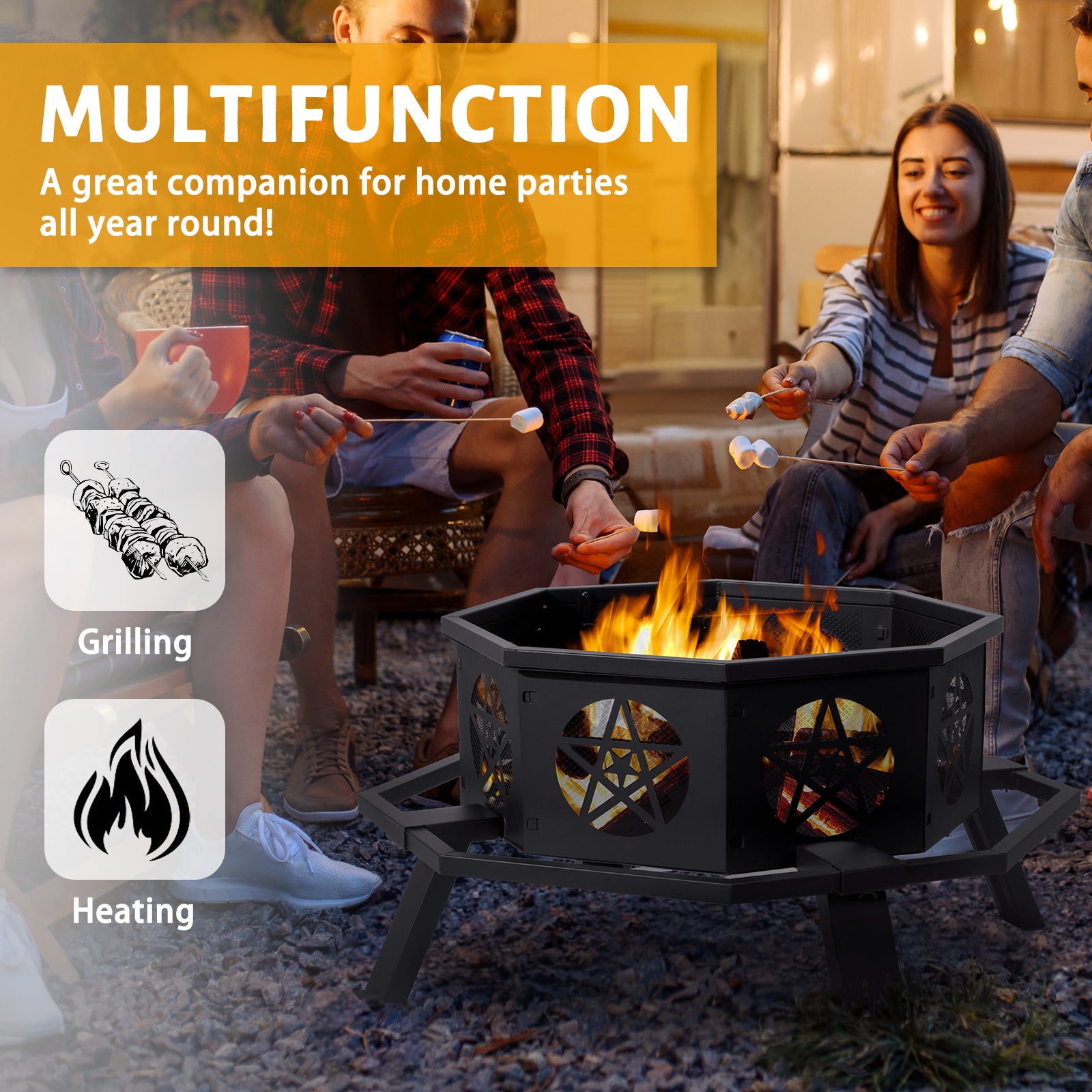 HAOYYE Outdoor Wood Burning Fire Pit with Spark Screen and Poker, Round Steel Backyard Bonfire Pit Bowl for Patio Garden Camping Deck Party Heating Decoration, Durable Weather-Resistant Design