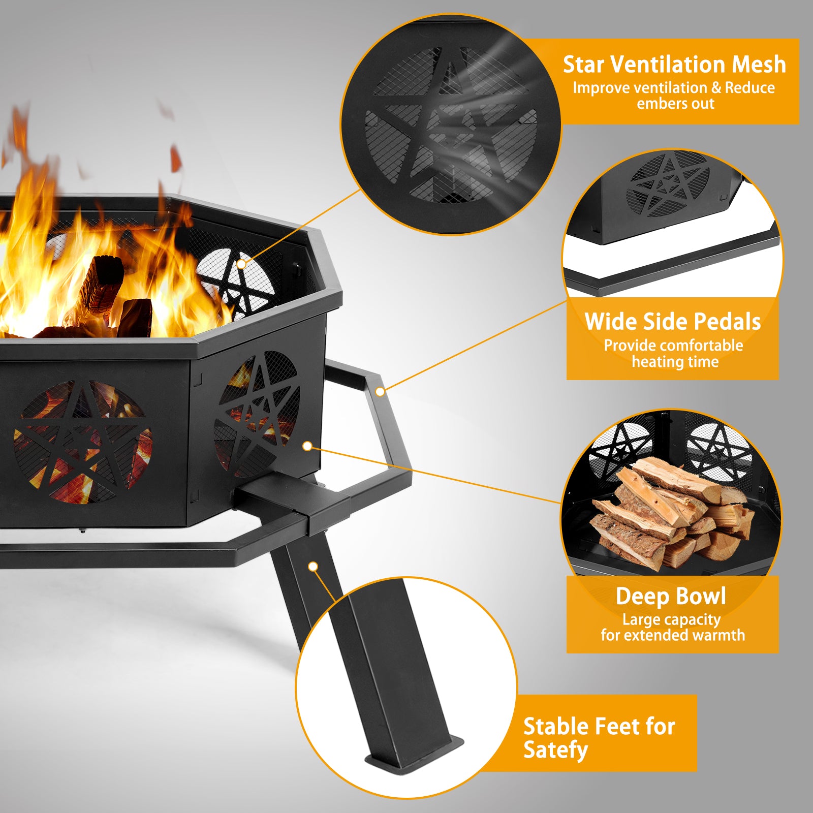 HAOYYE Outdoor Wood Burning Fire Pit with Spark Screen and Poker, Round Steel Backyard Bonfire Pit Bowl for Patio Garden Camping Deck Party Heating Decoration, Durable Weather-Resistant Design