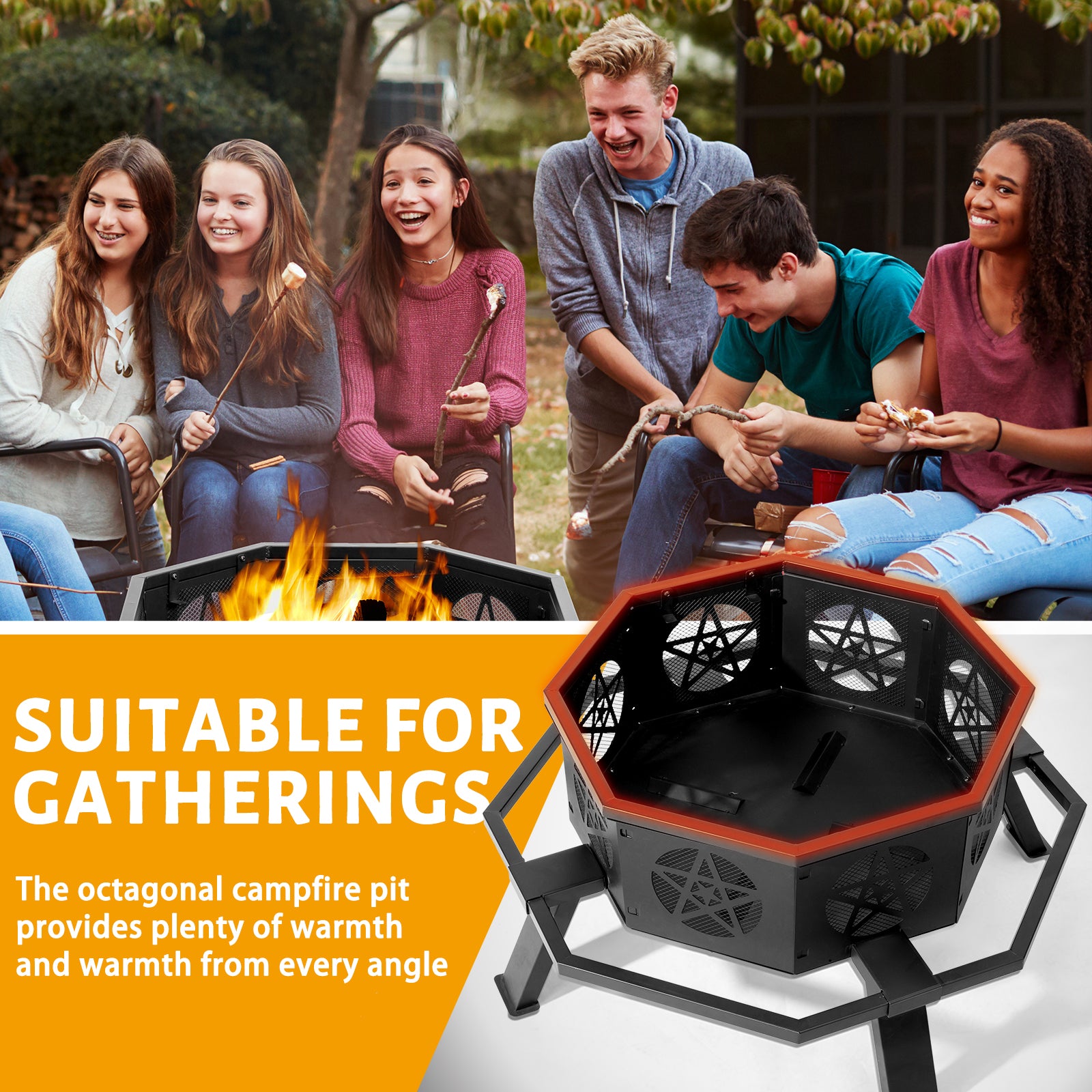 HAOYYE Outdoor Wood Burning Fire Pit with Spark Screen and Poker, Round Steel Backyard Bonfire Pit Bowl for Patio Garden Camping Deck Party Heating Decoration, Durable Weather-Resistant Design