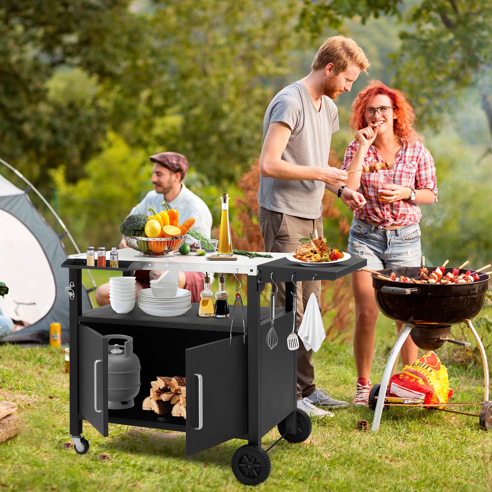 HAOYYE Outdoor Grill Cart with Storage Rolling Bar Cart Movable Kitchen Island for BBQ Patio Food Prep Table with Wheels Foldable Top and Hooks Portable Outdoor Serving Station for Deck Garden Balcony Cooking and Entertaining