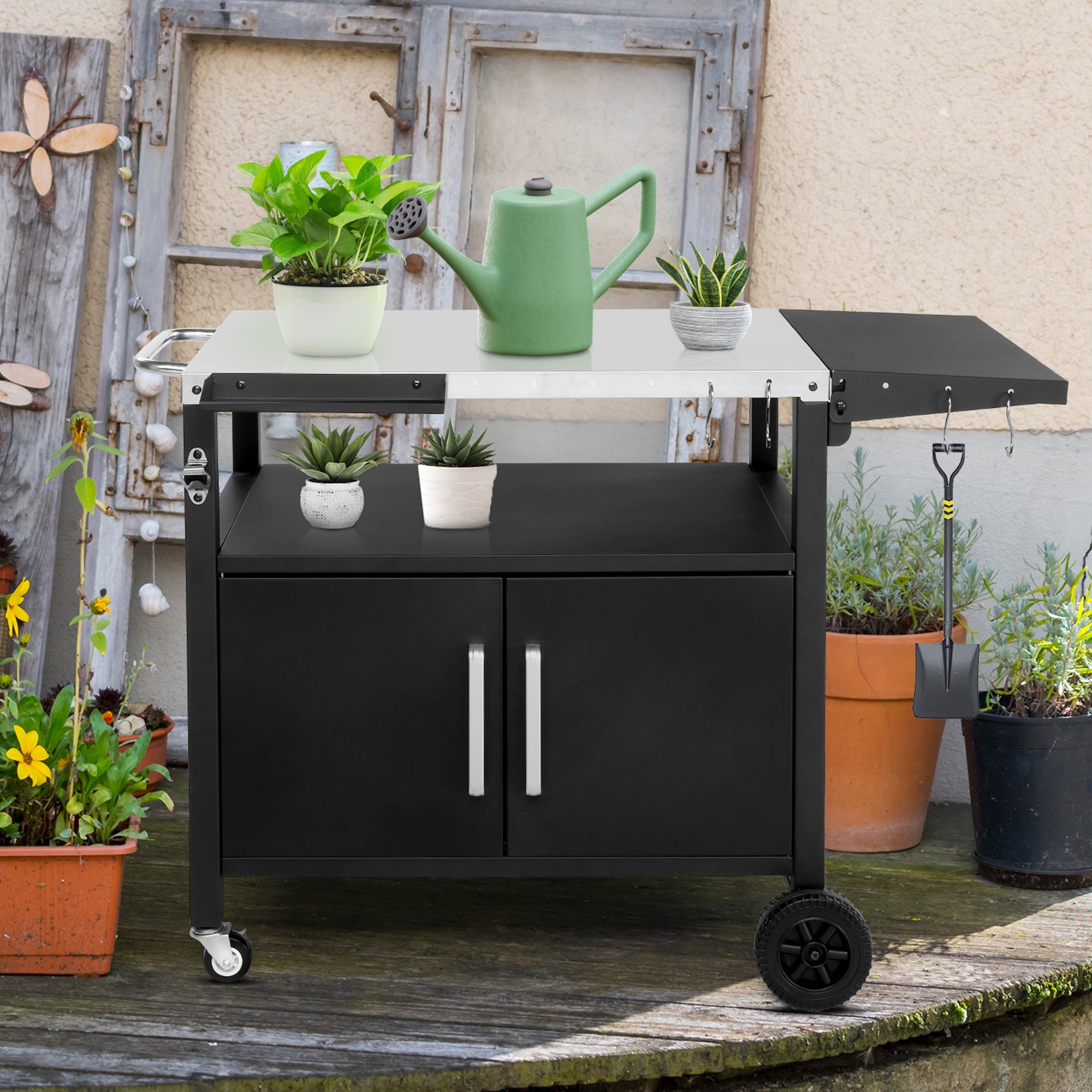 HAOYYE Outdoor Grill Cart with Storage Rolling Bar Cart Movable Kitchen Island for BBQ Patio Food Prep Table with Wheels Foldable Top and Hooks Portable Outdoor Serving Station for Deck Garden Balcony Cooking and Entertaining