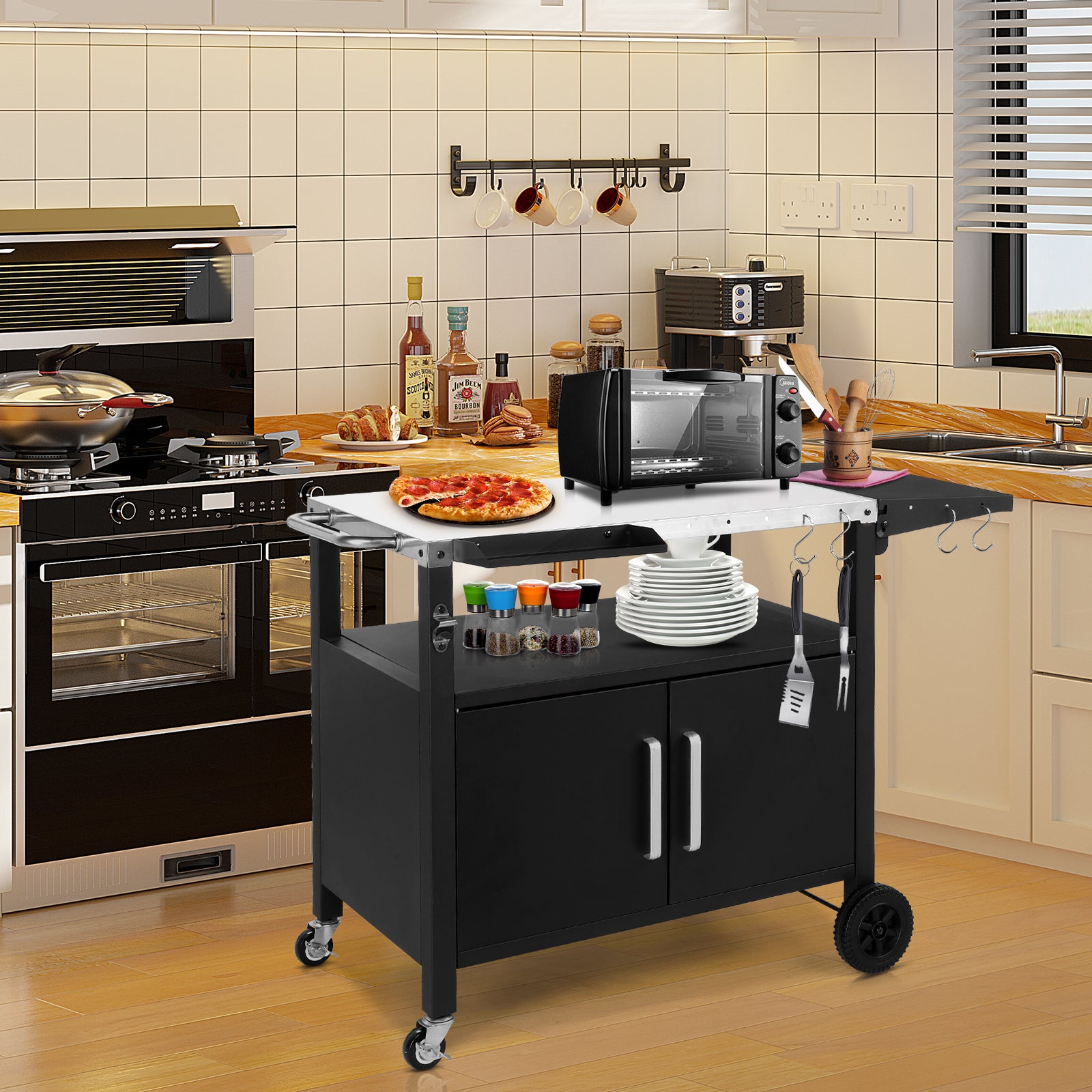 HAOYYE Outdoor Grill Cart with Storage Rolling Bar Cart Movable Kitchen Island for BBQ Patio Food Prep Table with Wheels Foldable Top and Hooks Portable Outdoor Serving Station for Deck Garden Balcony Cooking and Entertaining