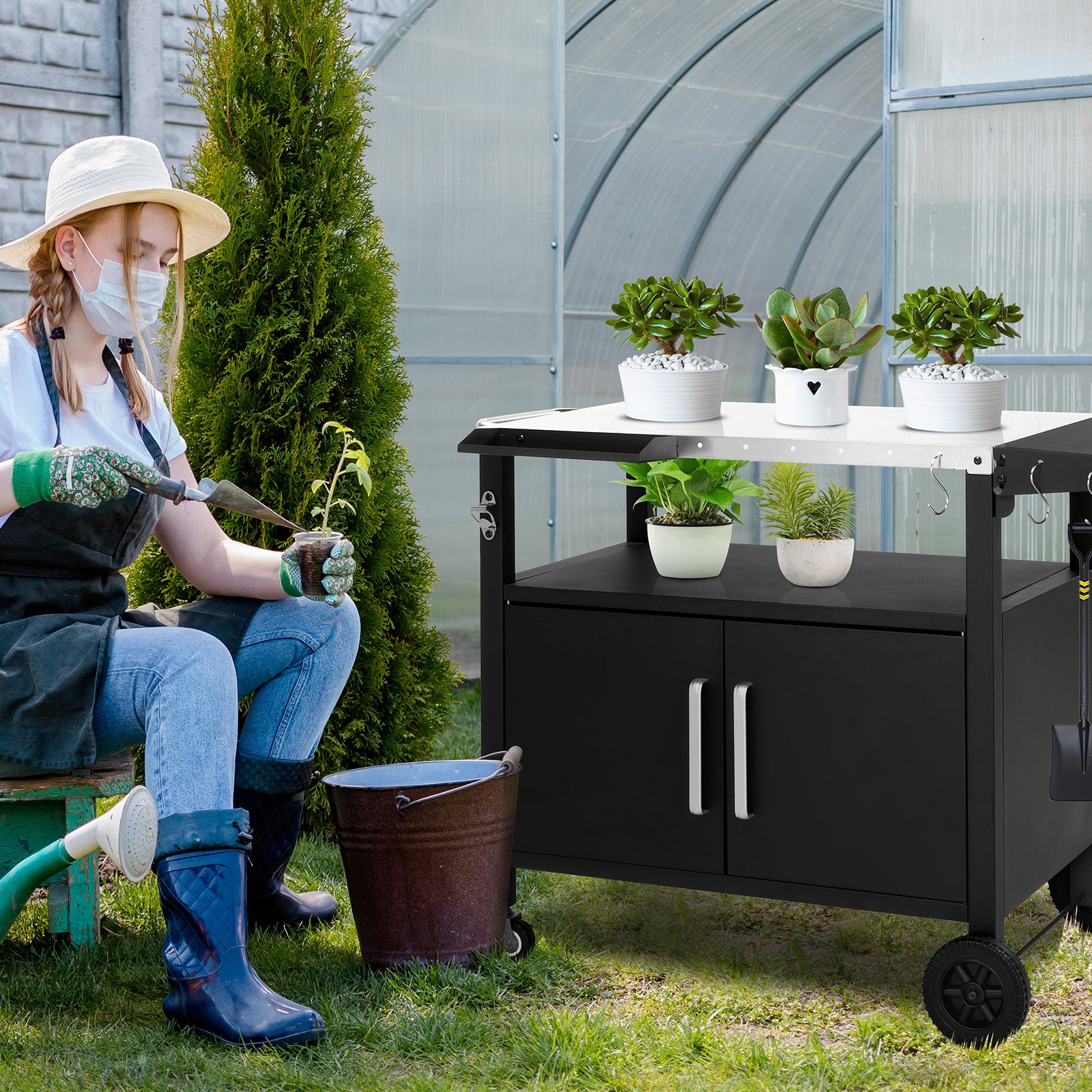 HAOYYE Outdoor Grill Cart with Storage Rolling Bar Cart Movable Kitchen Island for BBQ Patio Food Prep Table with Wheels Foldable Top and Hooks Portable Outdoor Serving Station for Deck Garden Balcony Cooking and Entertaining