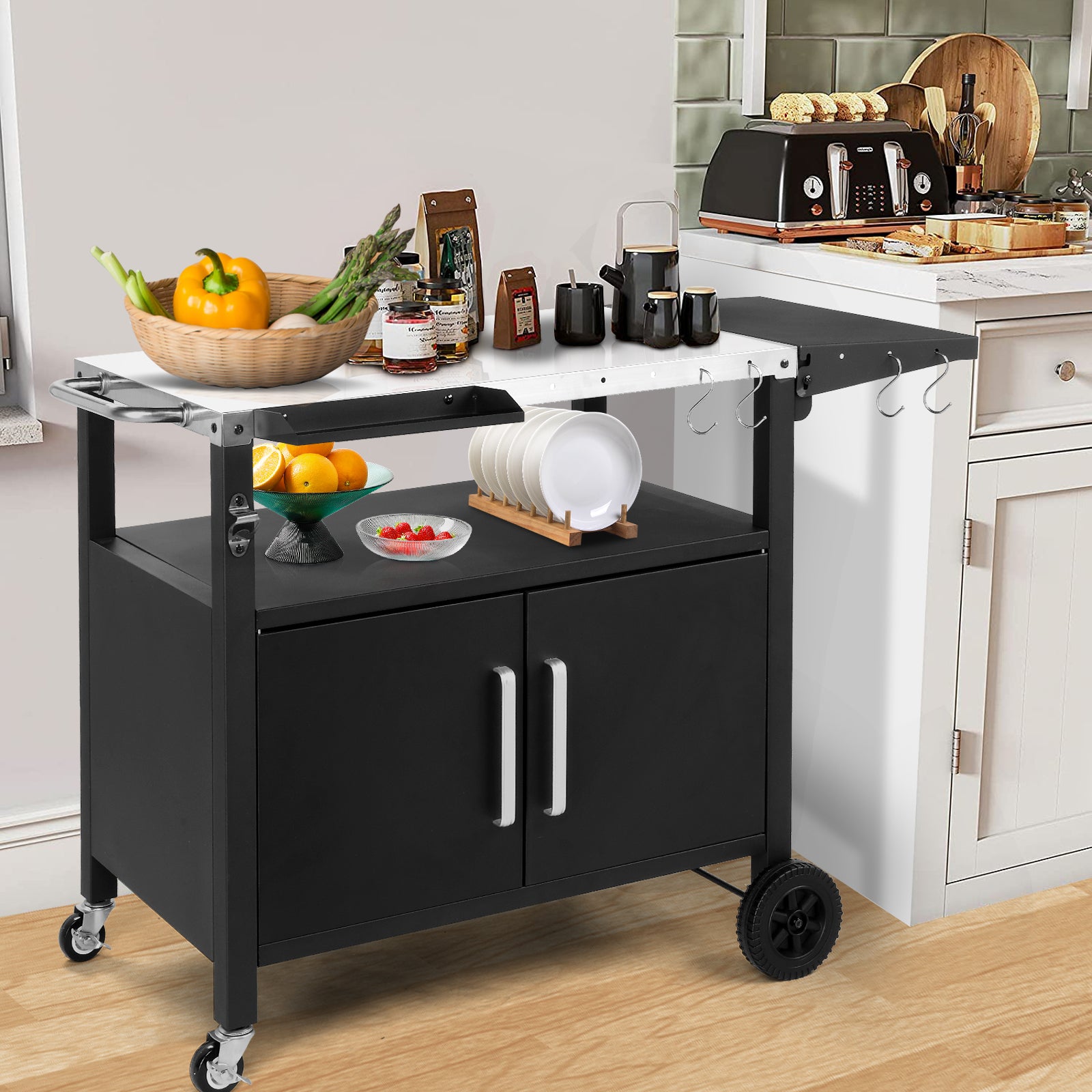 HAOYYE Outdoor Grill Cart with Storage Rolling Bar Cart Movable Kitchen Island for BBQ Patio Food Prep Table with Wheels Foldable Top and Hooks Portable Outdoor Serving Station for Deck Garden Balcony Cooking and Entertaining