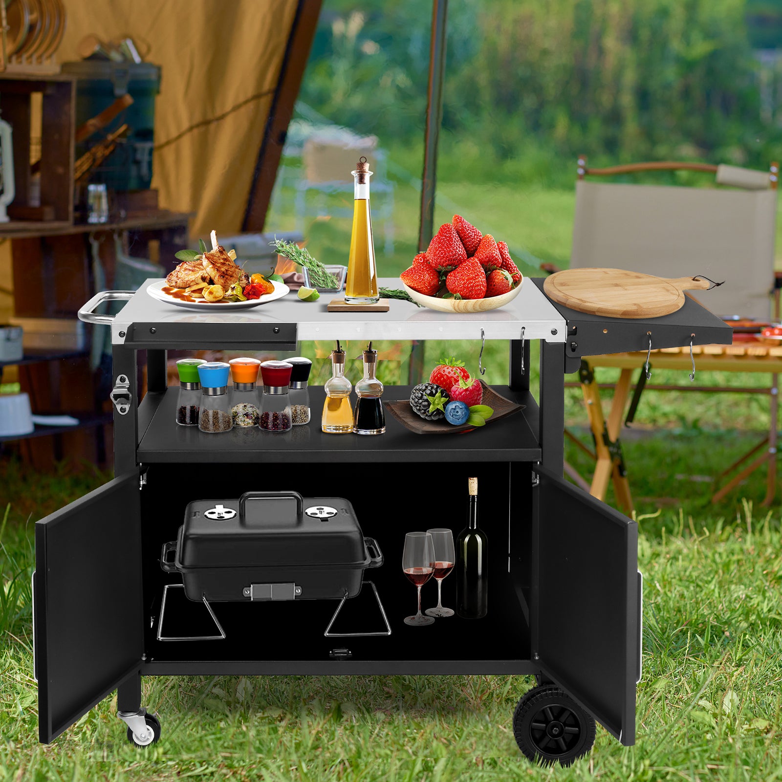 HAOYYE Outdoor Grill Cart with Storage Rolling Bar Cart Movable Kitchen Island for BBQ Patio Food Prep Table with Wheels Foldable Top and Hooks Portable Outdoor Serving Station for Deck Garden Balcony Cooking and Entertaining