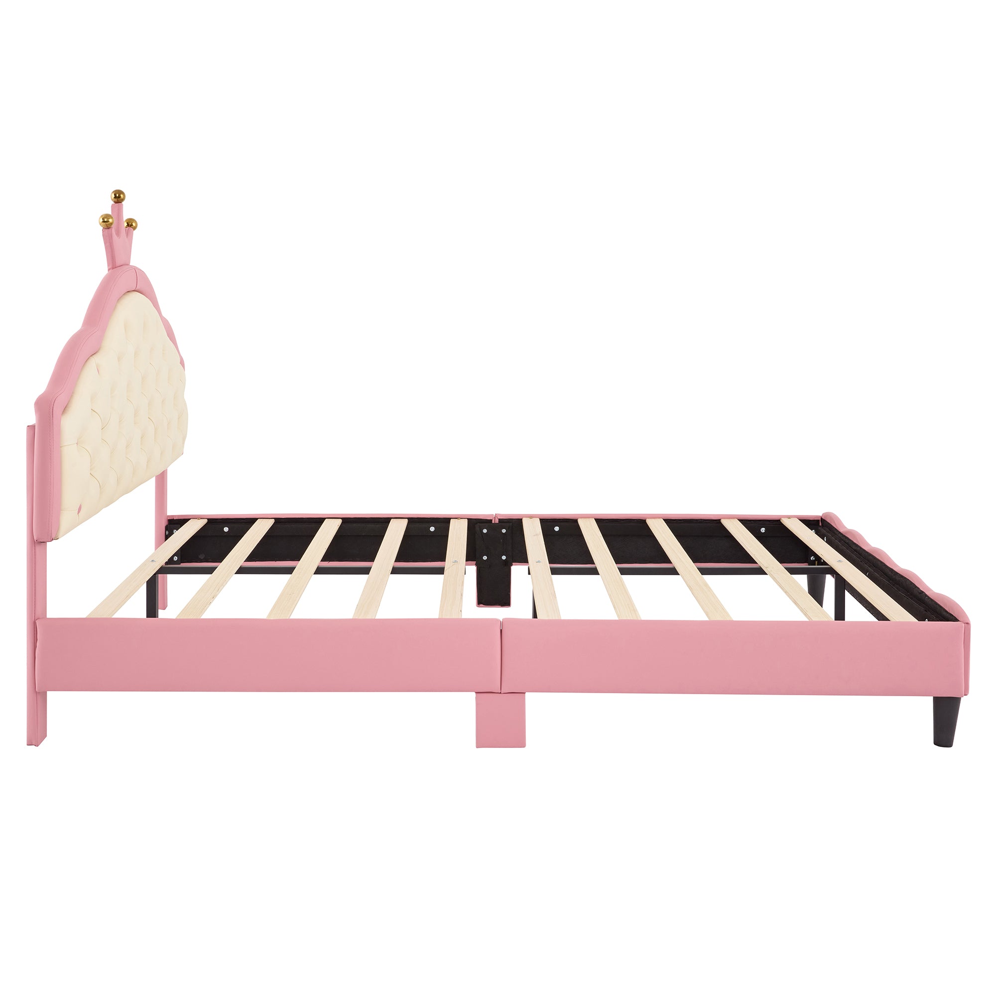 HAOYYE Full Size Princess Bed with Crown-Shaped Tufted Headboard, Fantasy PU Leather Upholstered Platform Bed, Sturdy Frame, Soft & Comfortable Design for Girls' Bedroom, Pink & Cream, No Box Spring Needed