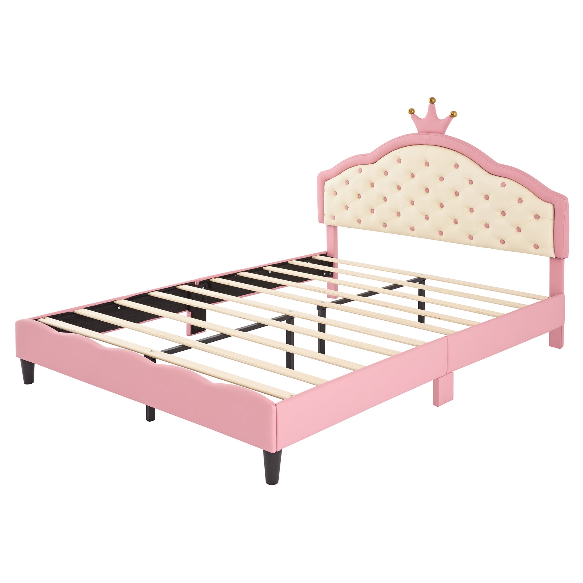 HAOYYE Full Size Princess Bed with Crown-Shaped Tufted Headboard, Fantasy PU Leather Upholstered Platform Bed, Sturdy Frame, Soft & Comfortable Design for Girls' Bedroom, Pink & Cream, No Box Spring Needed
