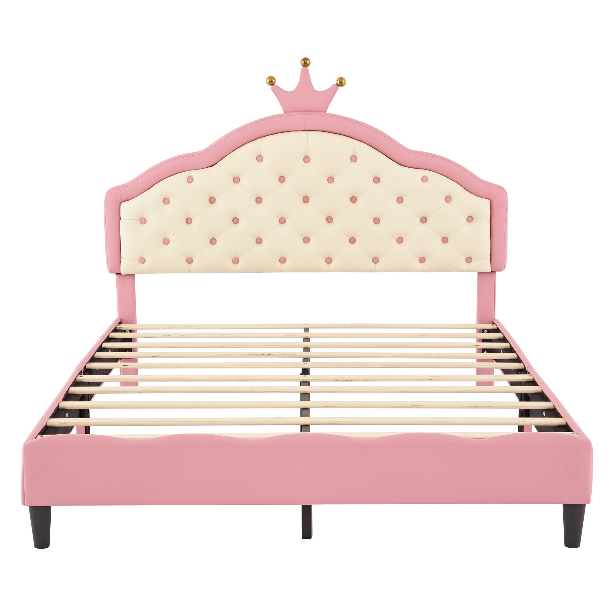 HAOYYE Full Size Princess Bed with Crown-Shaped Tufted Headboard, Fantasy PU Leather Upholstered Platform Bed, Sturdy Frame, Soft & Comfortable Design for Girls' Bedroom, Pink & Cream, No Box Spring Needed