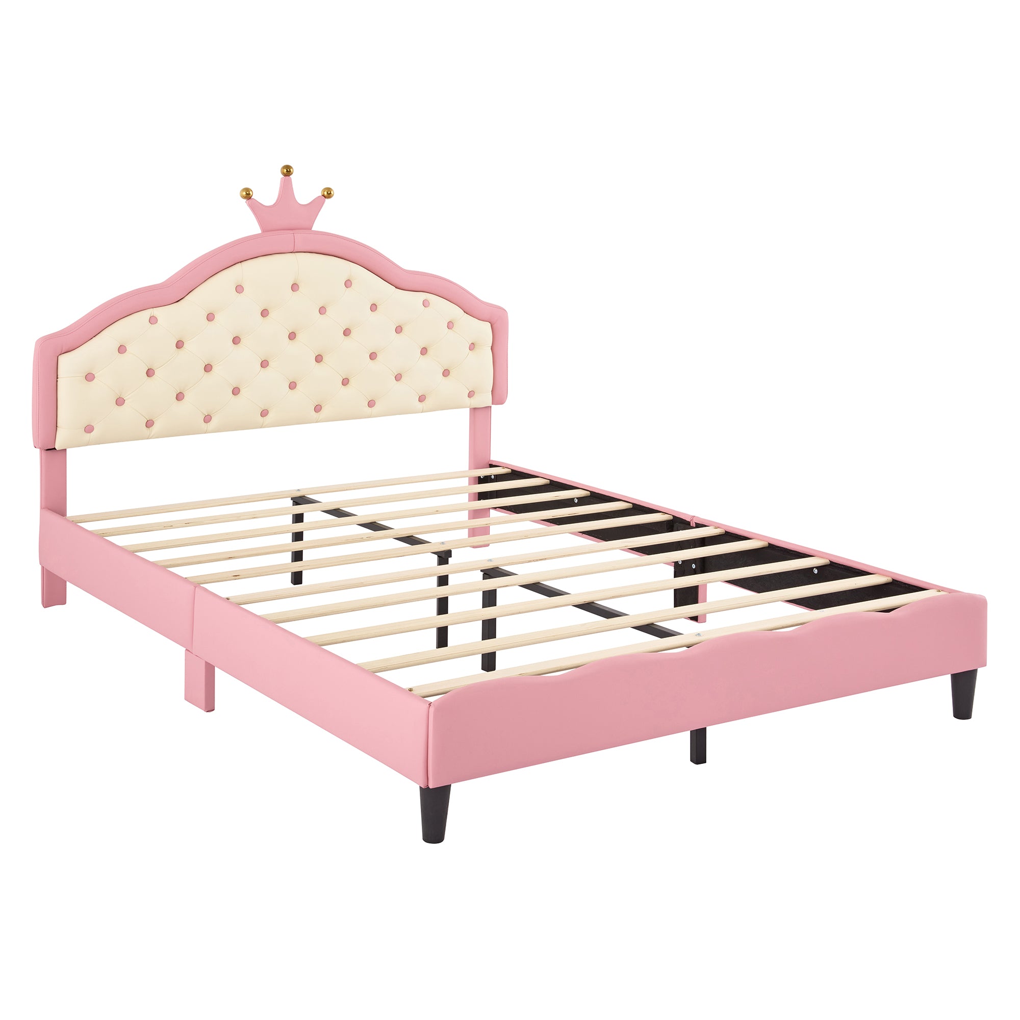 HAOYYE Full Size Princess Bed with Crown-Shaped Tufted Headboard, Fantasy PU Leather Upholstered Platform Bed, Sturdy Frame, Soft & Comfortable Design for Girls' Bedroom, Pink & Cream, No Box Spring Needed