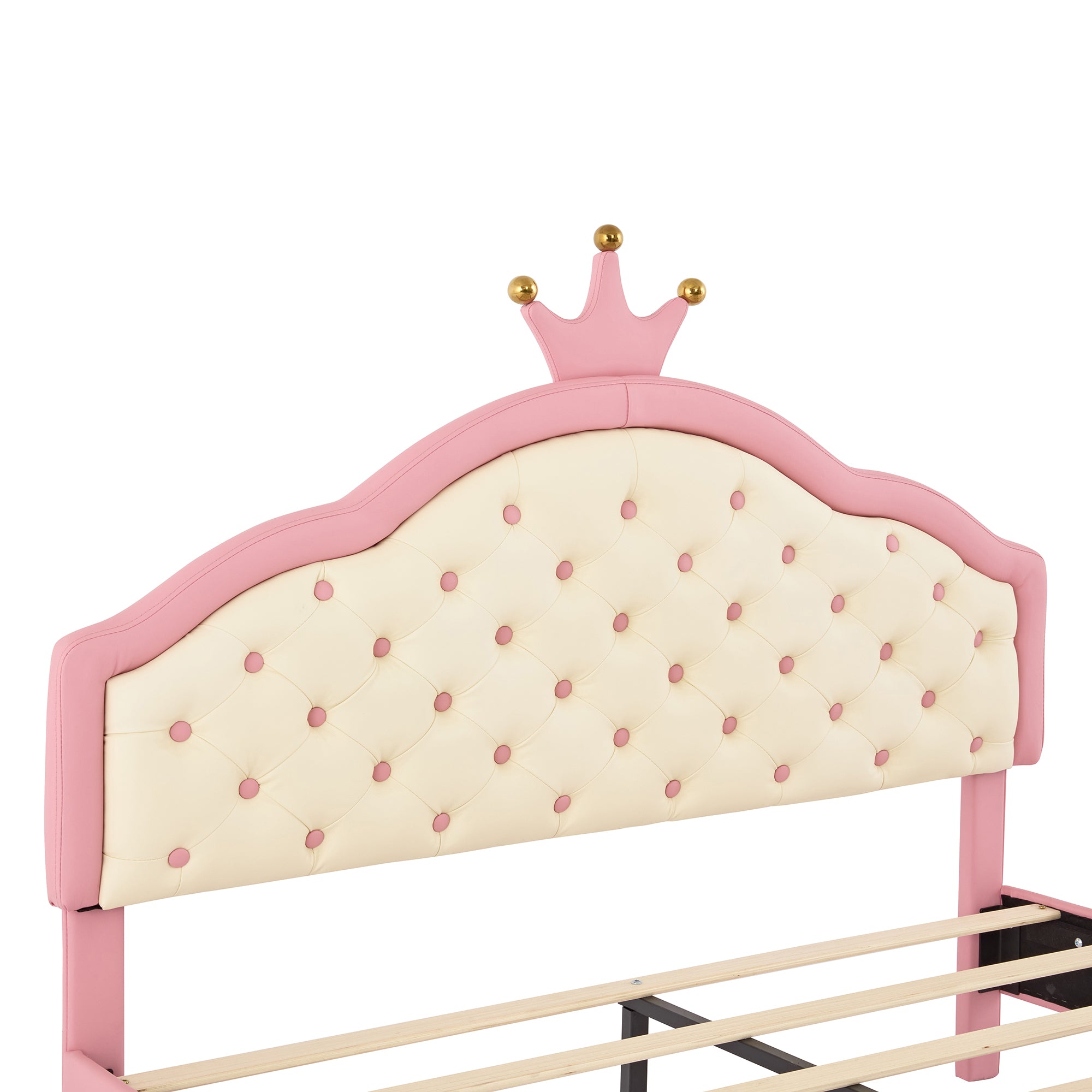 HAOYYE Full Size Princess Bed with Crown-Shaped Tufted Headboard, Fantasy PU Leather Upholstered Platform Bed, Sturdy Frame, Soft & Comfortable Design for Girls' Bedroom, Pink & Cream, No Box Spring Needed