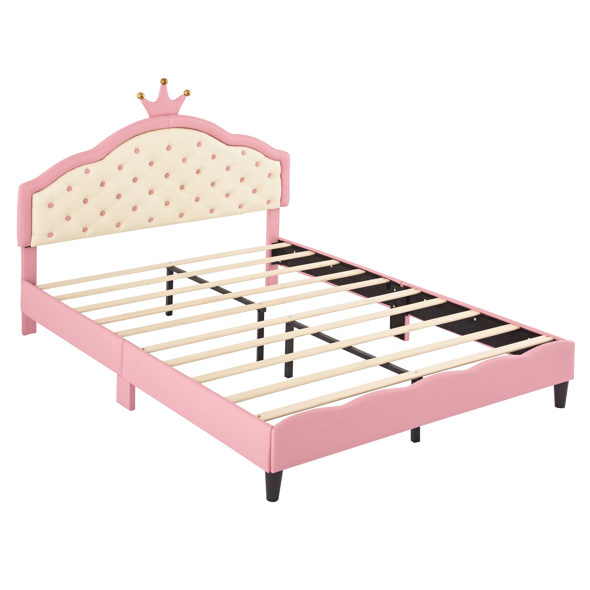 HAOYYE Full Size Princess Bed with Crown-Shaped Tufted Headboard, Fantasy PU Leather Upholstered Platform Bed, Sturdy Frame, Soft & Comfortable Design for Girls' Bedroom, Pink & Cream, No Box Spring Needed
